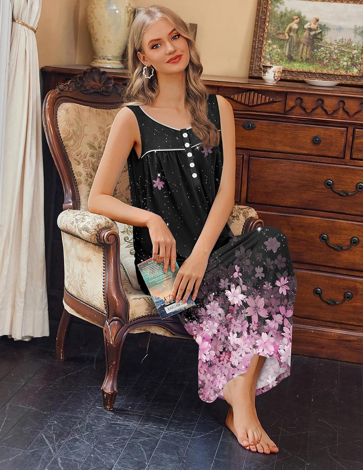 Ekouaer Nightgowns for Women Long Sleeveless Night Gowns Ladies Soft Nightdress Victorian Sleepwear with Pockets S-XXXL