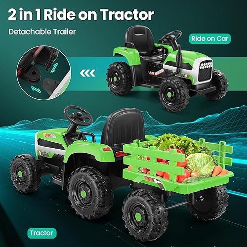 Miniatura 2 de Hikole Tractor de paseo para niños, tractores eléctricos de 12 V con remolque, control remoto, 11 faros LED, 3 cambios de marcha, motores duales de