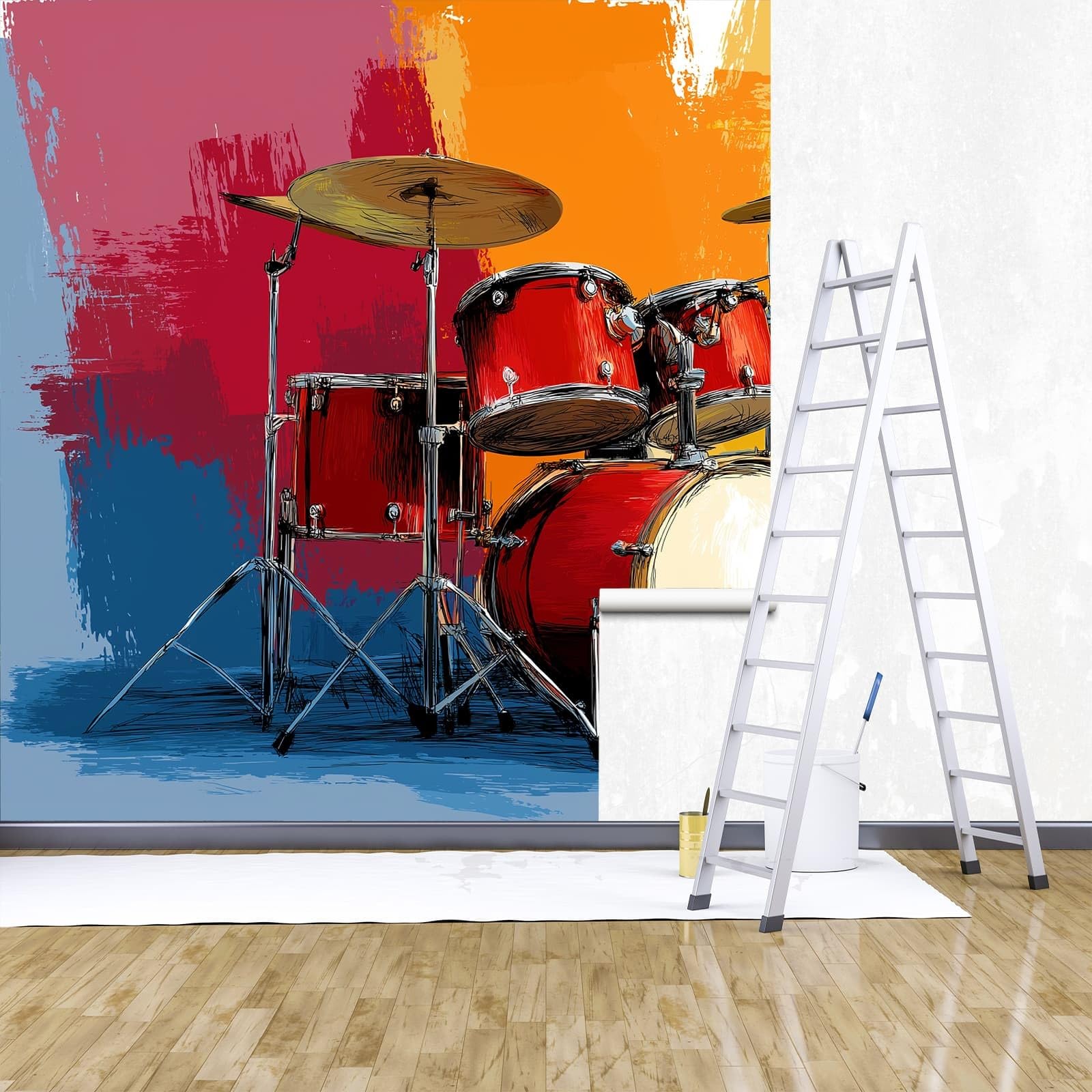 Papel pintado panorámico Dibujos Animados Música Batería, papel pintado estilo pintor extraíble - mural fácil de colocar - Decoración de pared para sala de estar, dormitorio infantil, 350 x 256 cm (L