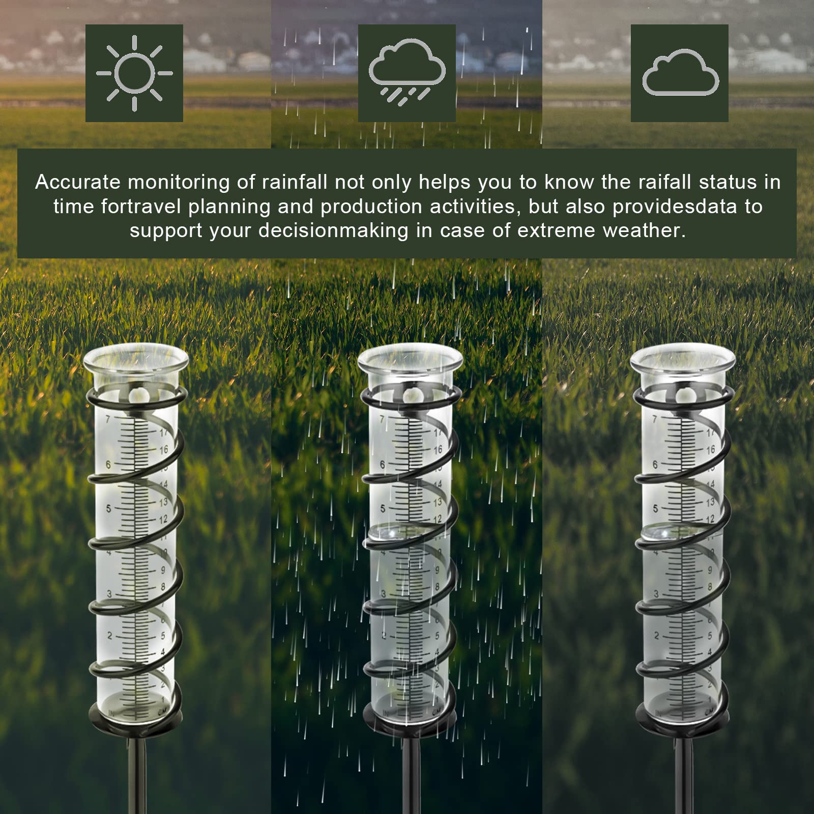 Deszczomierz na Zewnatrz, 18 cm Szklany Deszczomierz na zewnatrz z Kolkiem i Metalowa Spirala Zdejmowane Rain Gauge na Podwórko, Trawnik, Ogród, Ogrodzenie, Skrzynke Pocztowa (Czarny)