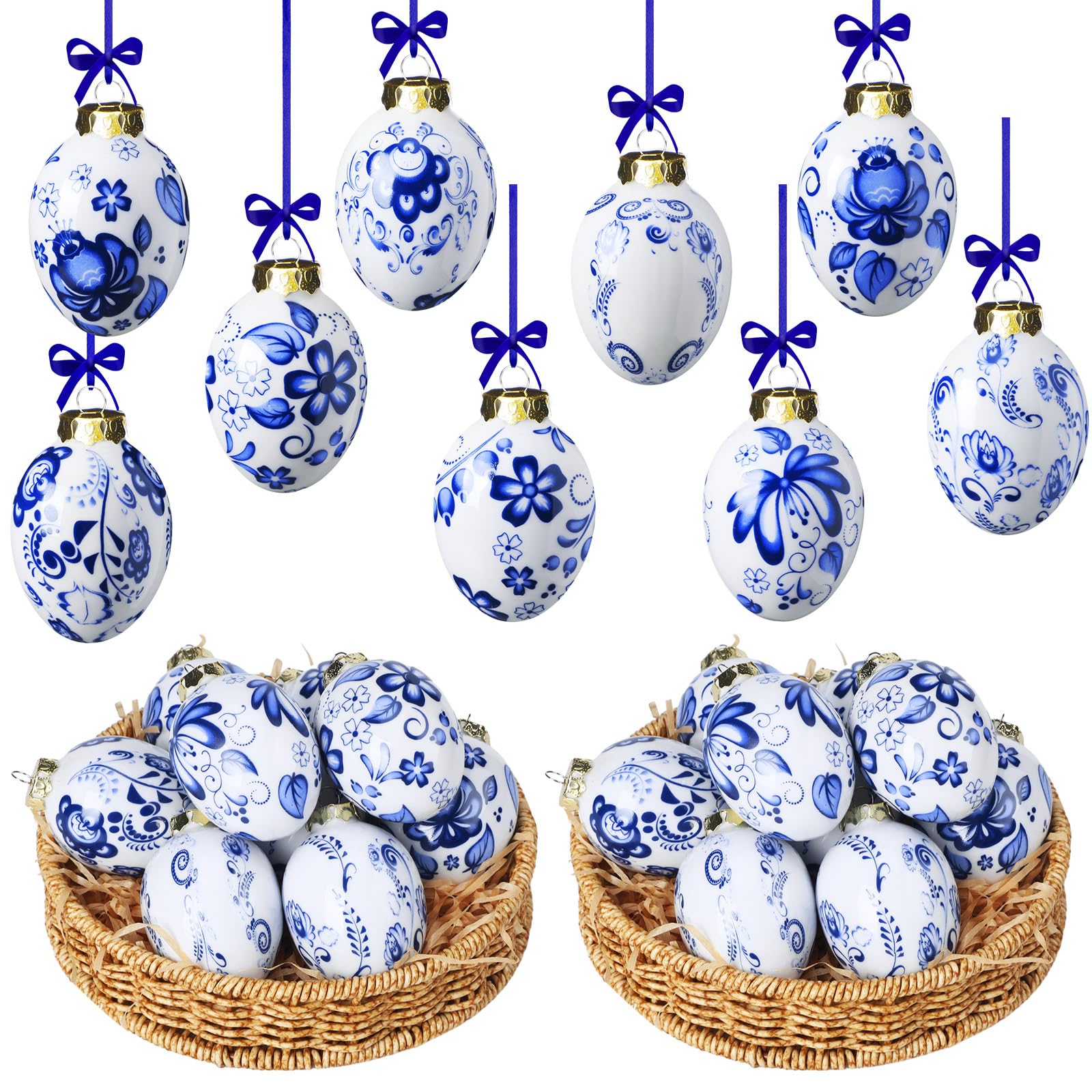 Funtery 9 Pieces Blue and White Porcelain Ornaments Chinoiserie Fall Pumpkin Decor Hanging Pendant Christmas Decor Ceramic Christmas Tree Ornaments for Christmas Autumn Decoration (Elegant Style)