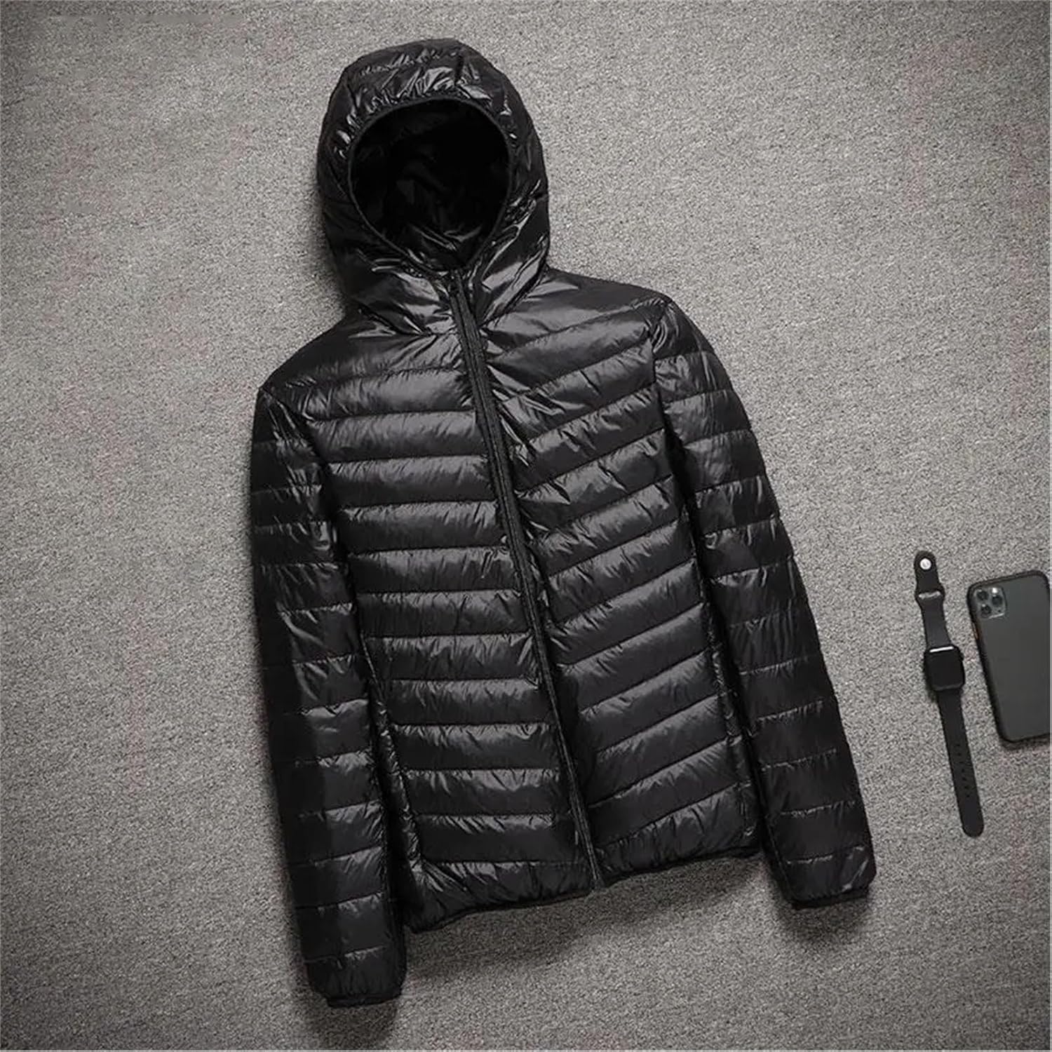 Men's Solid Color Zipper Down Jacket Fashion Hoodie Light Warm Loose Sports Running Coat