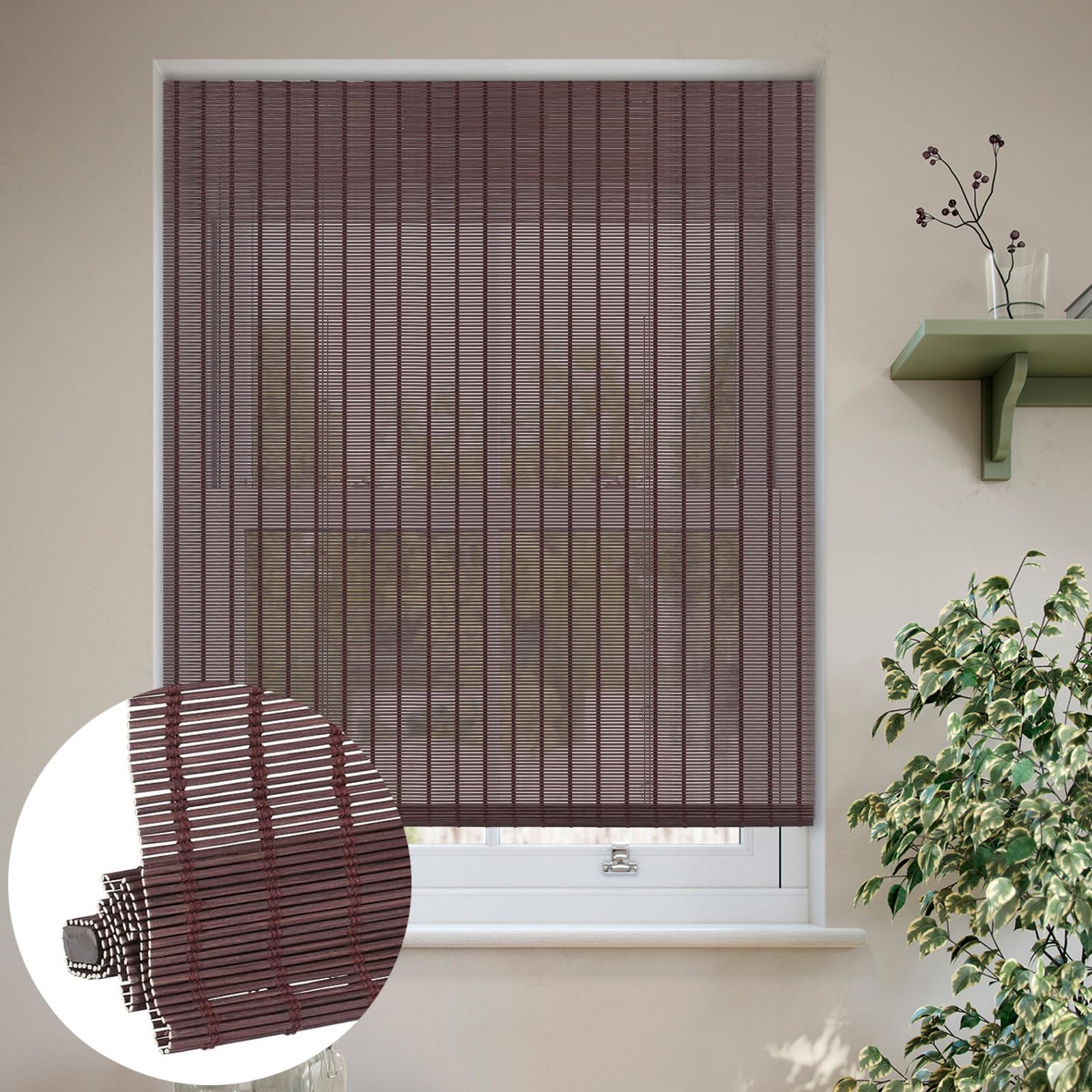 LUCKUP Cordless Bamboo Roman Blinds Shades for Indoor Windows-Light Filtering Window Bamboo Curtains with 6" Valance Cover Enhanced Privacy, 34" W x 64" H,Brown