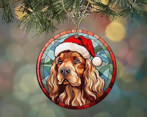Cocker Spaniel Adorno de cerámica de vitrales de Navidad, adorno colgante para árbol de Navidad, adorno de vitral de perro, adorno religioso para