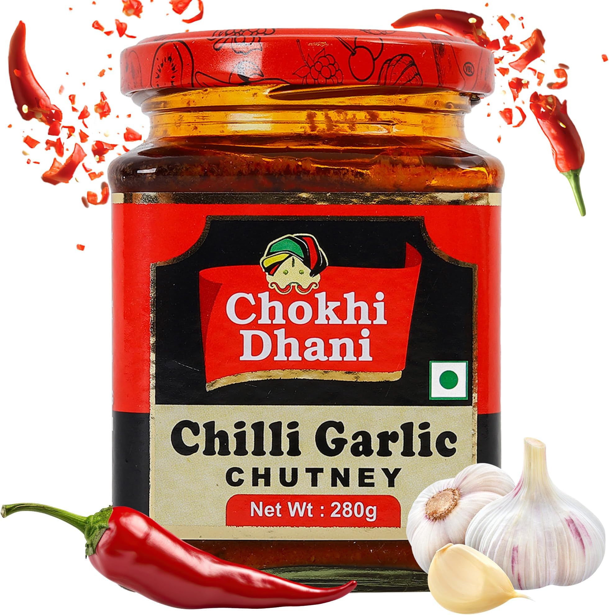 Chokhi Dhani Chilli Garlic Chutney 280gm | Lal Mirch Lahsun Chutney | Made with Fresh Tomatoes & Spicy Red Chilies & Garlic | Tikhi Chatpati Chatni Spread & Dip (Pack of 1)