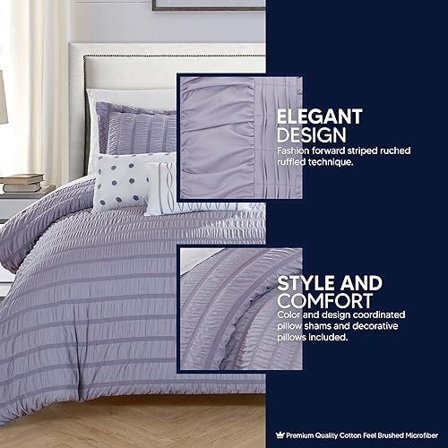 Miniatura 3 de Chic Home Hadassah - Juego de edredón de 6 piezas a rayas fruncidas con volantes, fundas de almohada decorativas incluidas, King, lavanda
