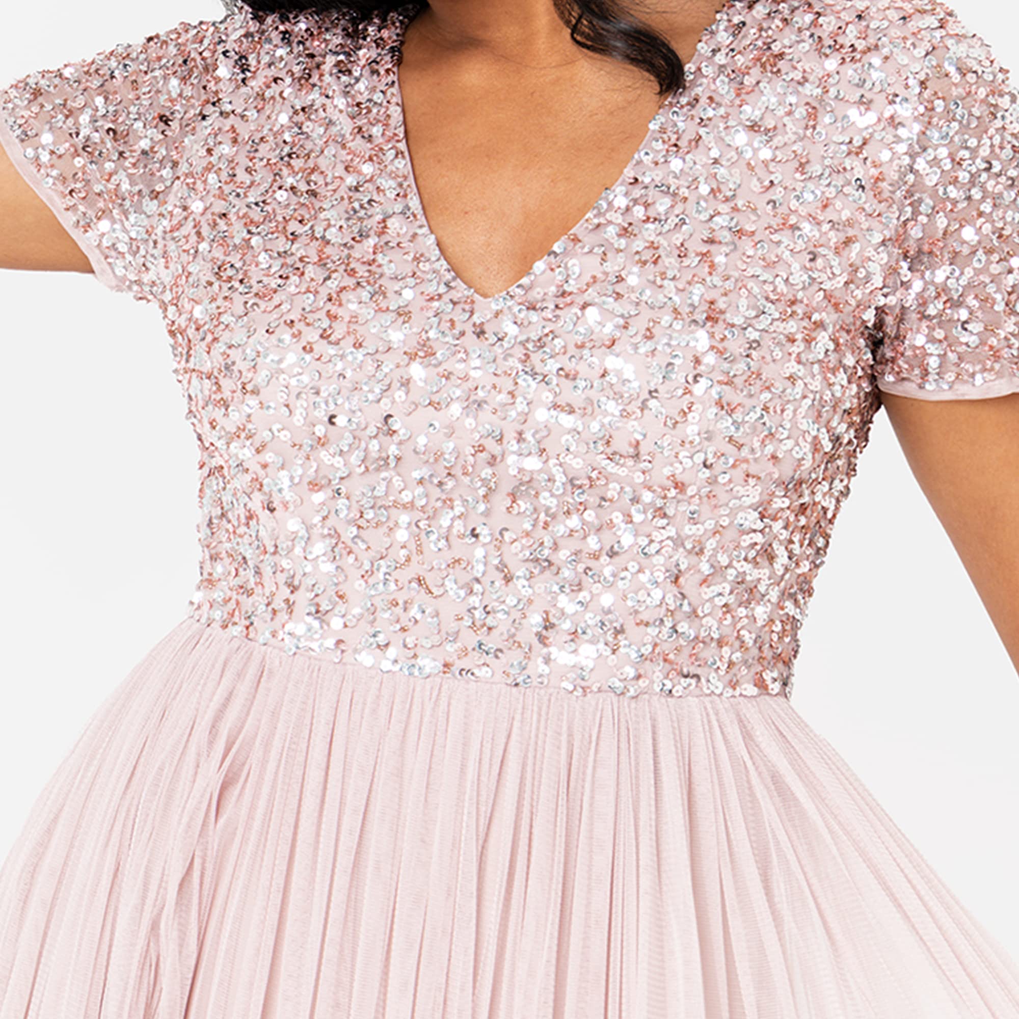 Maya Deluxe Scollo A V Impreziosito Scollo A V Maxi Abito Manica Corta Impero Vita Prom Laurea Damigella d'Onore Ospite di Nozze Vestito per Damigella d’Onore Donna (Pacco da 1)