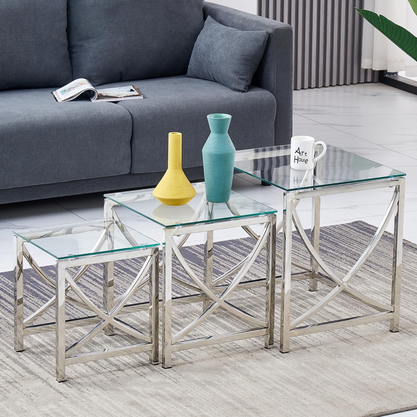 JaHECOME Set of 3 Sliver Glass Coffee Table Living Room Nesting Tables Square Clear Tempered Glass Stainless Steel Side Sofa End Center Table(Curved Style)