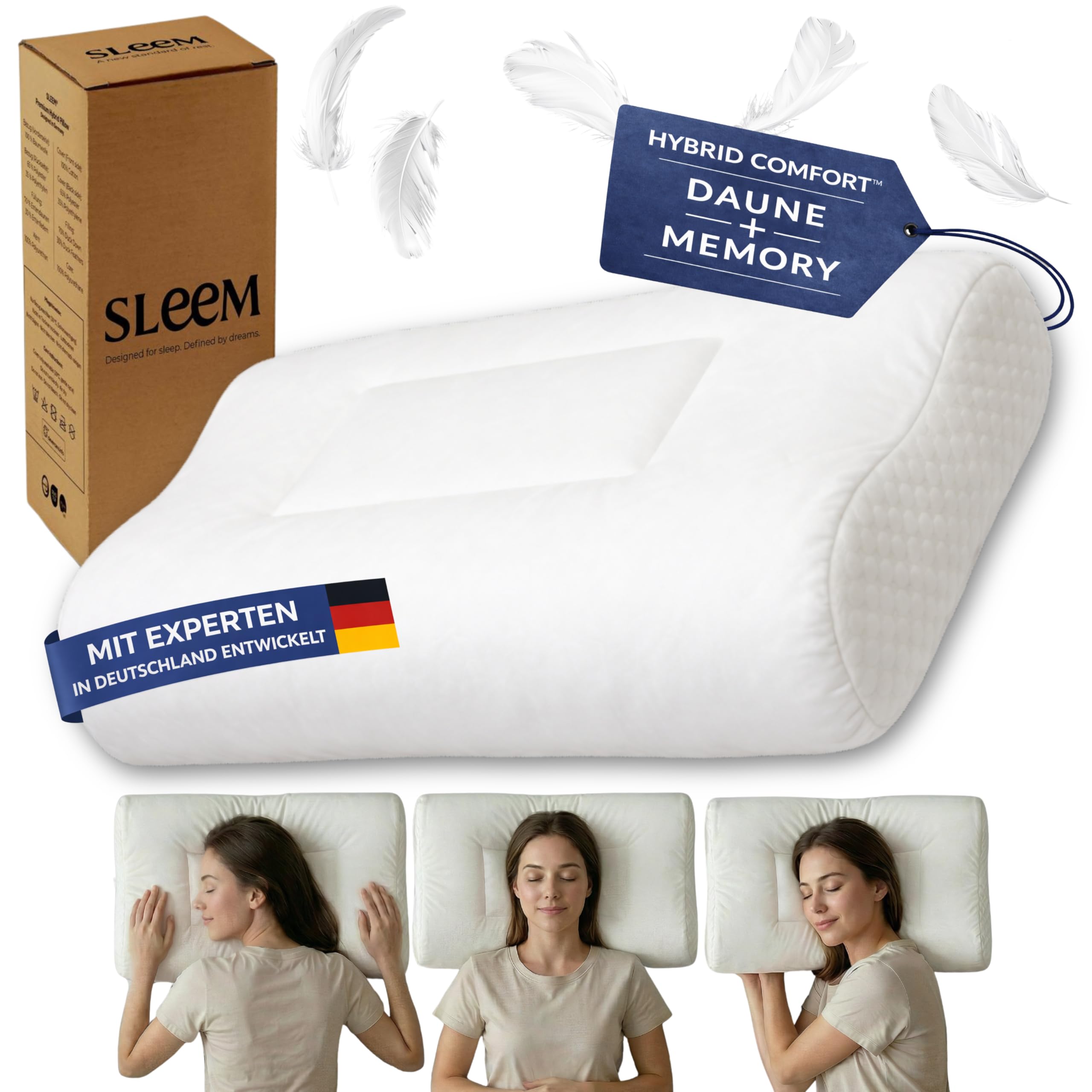 Sleem Almohada cervical híbrida – Almohada ergonómica con núcleo de espuma viscoelástica y comodidad de plumón · Se puede utilizar por ambos lados · Altura ajustable · Para dormir de lado y de espalda