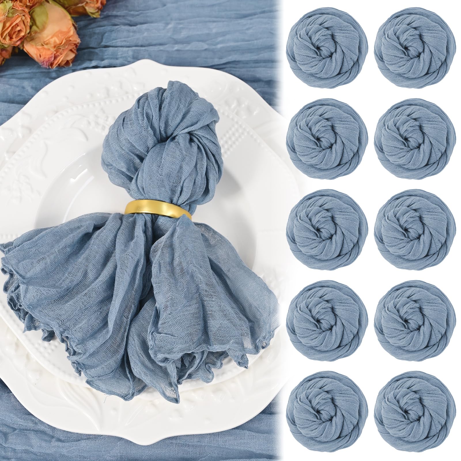 10 Pack Dusty Blue Cheesecloth Napkins 20"x20" Boho Washable Cloth Napkins Set of 10 Wrinkled Cheese Cloth Napkins Gauze Dinner Table Napkin for Wedding Party Baby Shower Birthday Decor