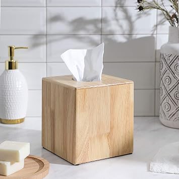 Decorative Square Tissue Box Holder/Cover for or Home Accent, Bathroom Accessories, Vanity, Countertop, Tabletop, Vanity, Office, College, Dorm Nature