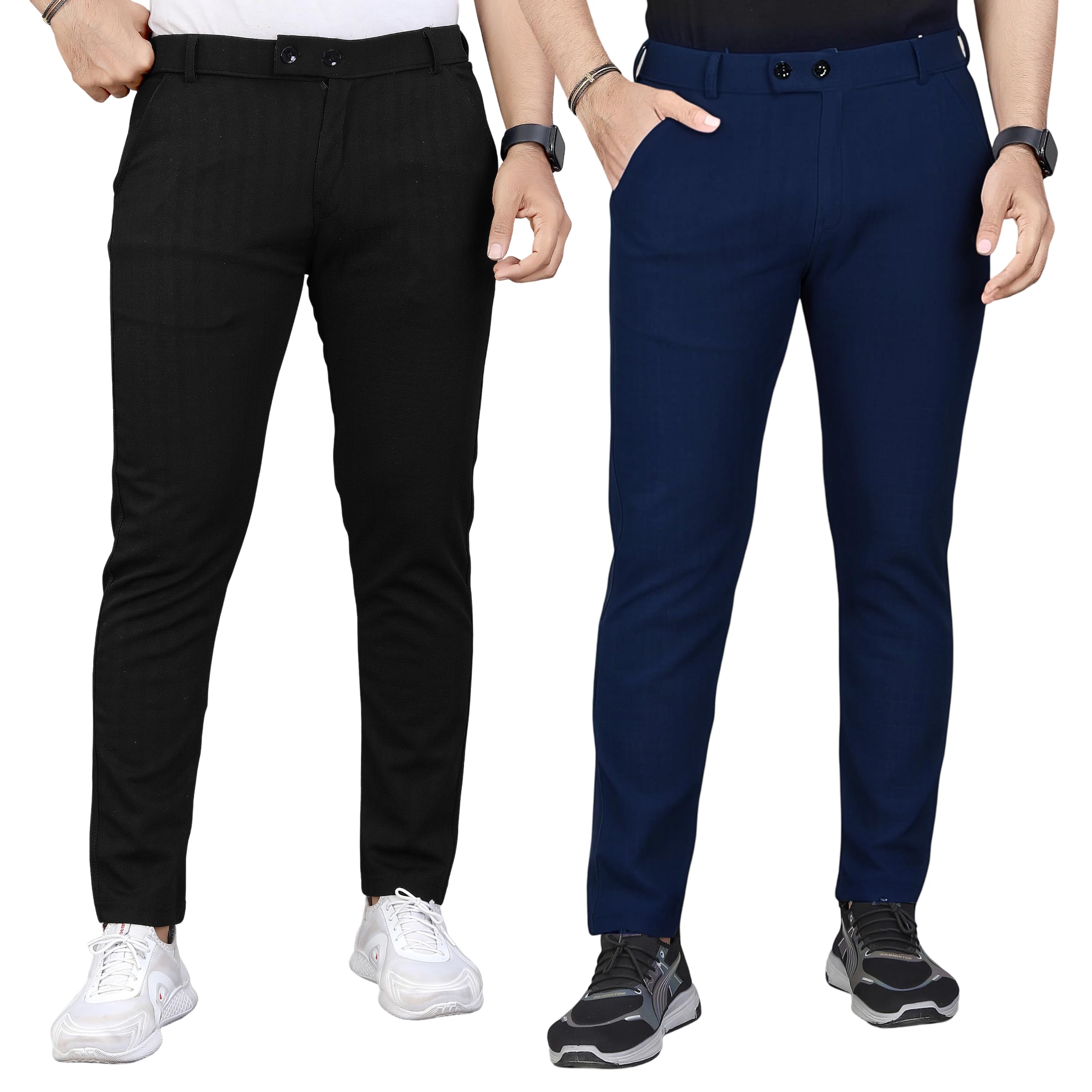gibbonte Men's Regular Fit Self-Design Trousers | Mid-Rise Cotton Blend Pants for Work Stylish Formal Bottoms for Men (Pack of 2)-picture-56