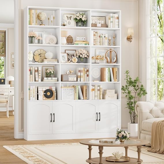 82.3 Triple Wide Bookshelf, Tall Bookcase with 4 Doors, White | 7-Tier Tall Bookshelf with 15 Display Shelves, Modern Large Bookshelf with Storage Cabinet, for Living Room, Office, Study