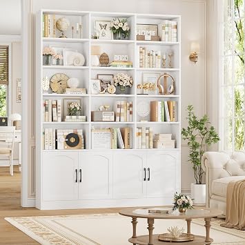 82.3 Triple Wide Bookshelf, Tall Bookcase with 4 Doors, White | 7-Tier Tall Bookshelf with 15 Display Shelves, Modern Large Bookshelf with Storage Cabinet, for Living Room, Office, Study