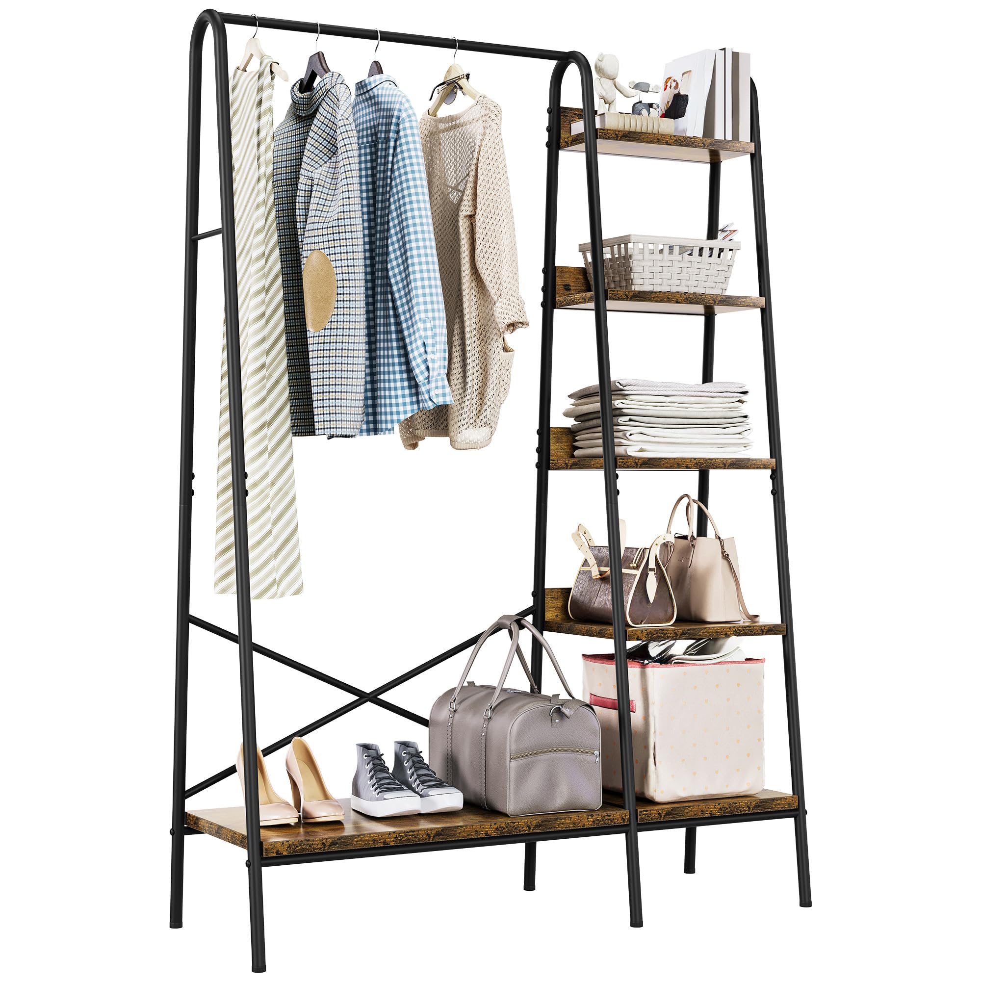 YITAHOME Appendiabiti con scarpiera, albero industriale con 5 ripiani, armadio aperto, appendiabiti per camera da letto, corridoio, ingresso