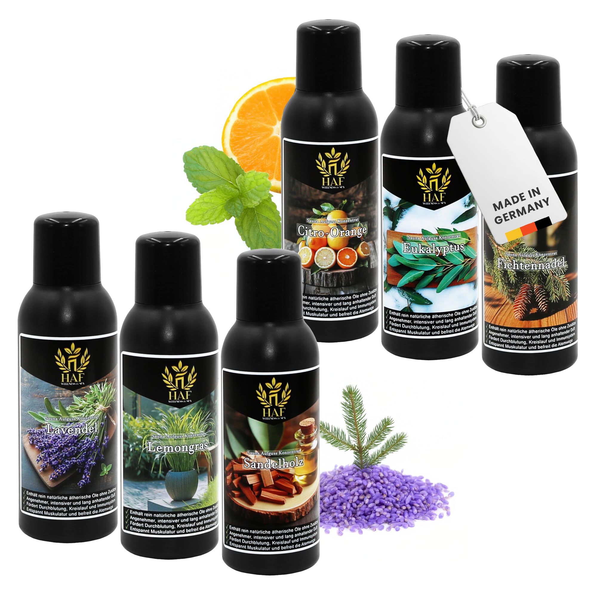 HAF Saunaaufguss Set „Zarte Sinne“ - 6 x 100ml Sauna Aufgussmittel Citro-Orange, Eukalyptus, Fichtennadel, Lavendel, Lemongras, Sandelholz - Saunaduft mit natürlichen ätherischen Ölen & ohne Zusätze