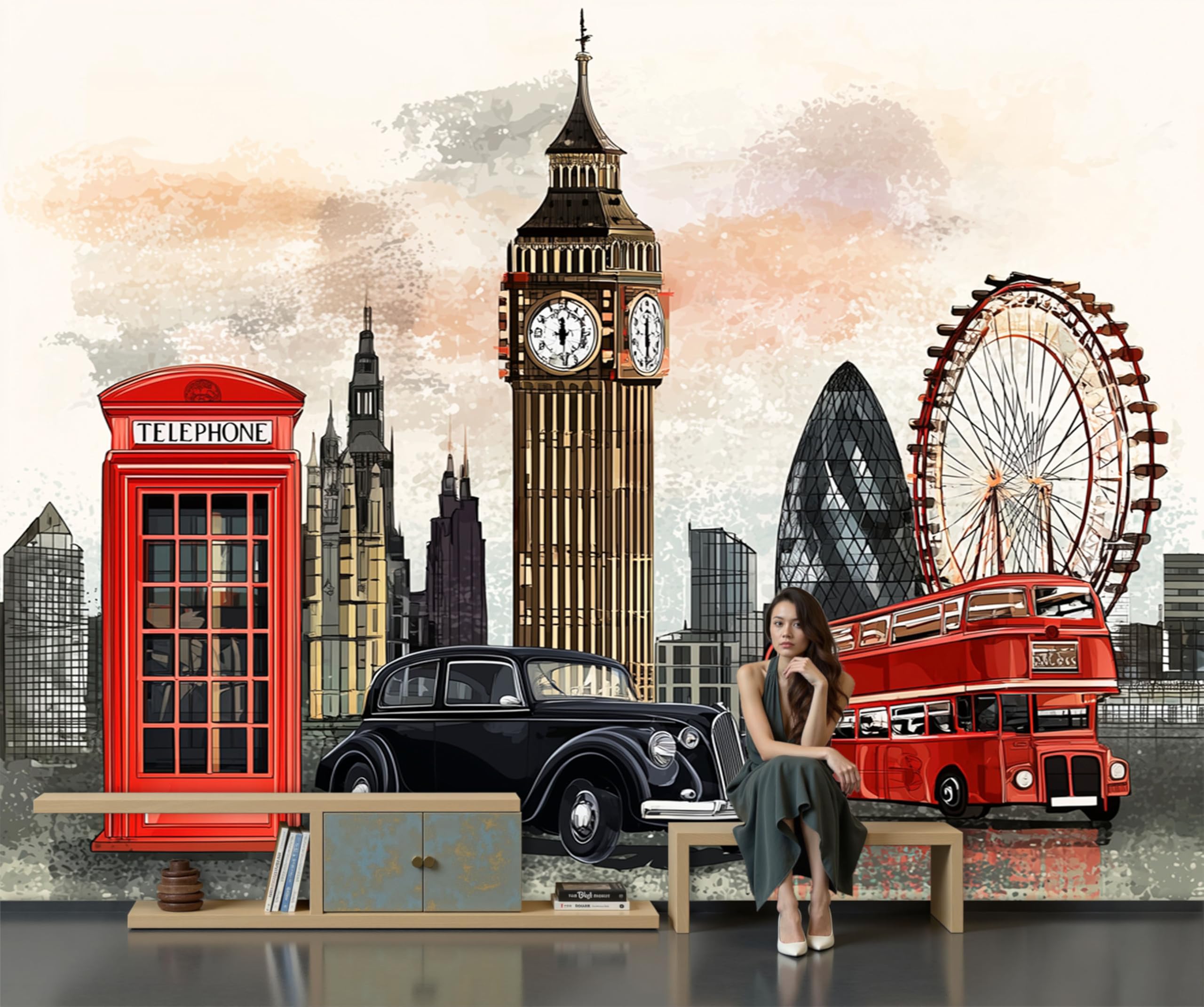 Papier peint panoramique Big Ben et bus londonien rétro 3D pour salon et cuisine 300x210cm