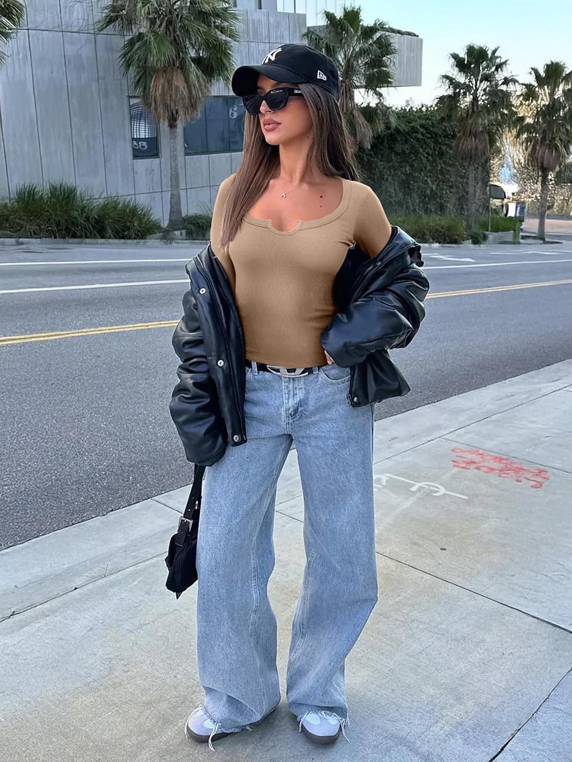 REORIA Womens Long Sleeve Scoop V Neck Shirts Ribbed Knit Slim Fitted Tops Trendy 2025 Fall Basic Tees Going Out Blouse - Image 6