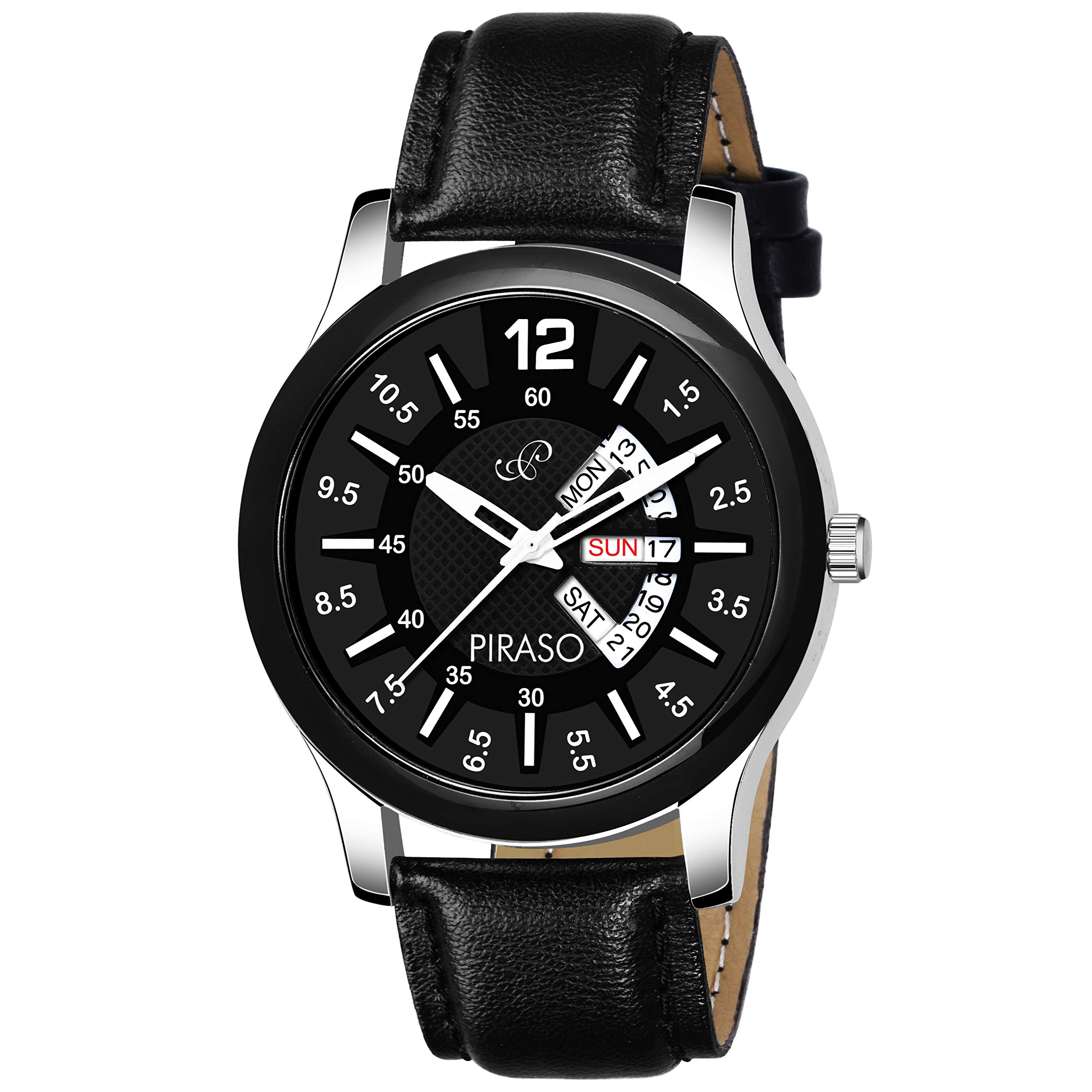 PIRASO Analog Day and Date Watch with Black Leather Strap and Black Dial for Men and Boys. (B0822JJQQT) Amazon Price History, Amazon Price Tracker
