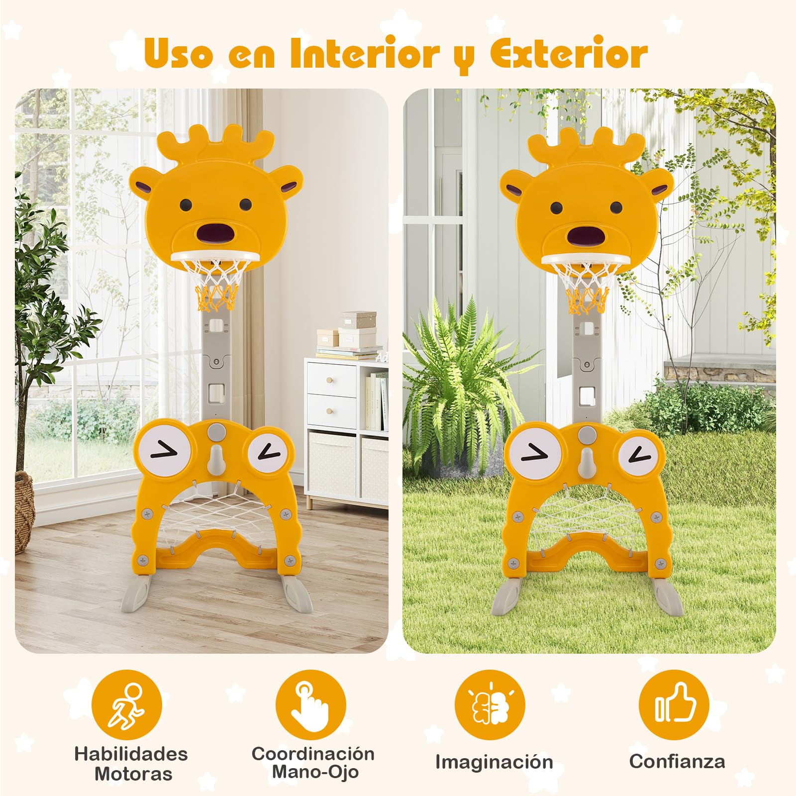 COSTWAY Canasta de Baloncesto para Niños, 4 en 1 Centro de Actividades para Interiores y Exteriores con Aro, Portería de Fútbol, Juego de Anillas, Golf, 4 Altura Ajustable y Base Rellenable (Ciervo)