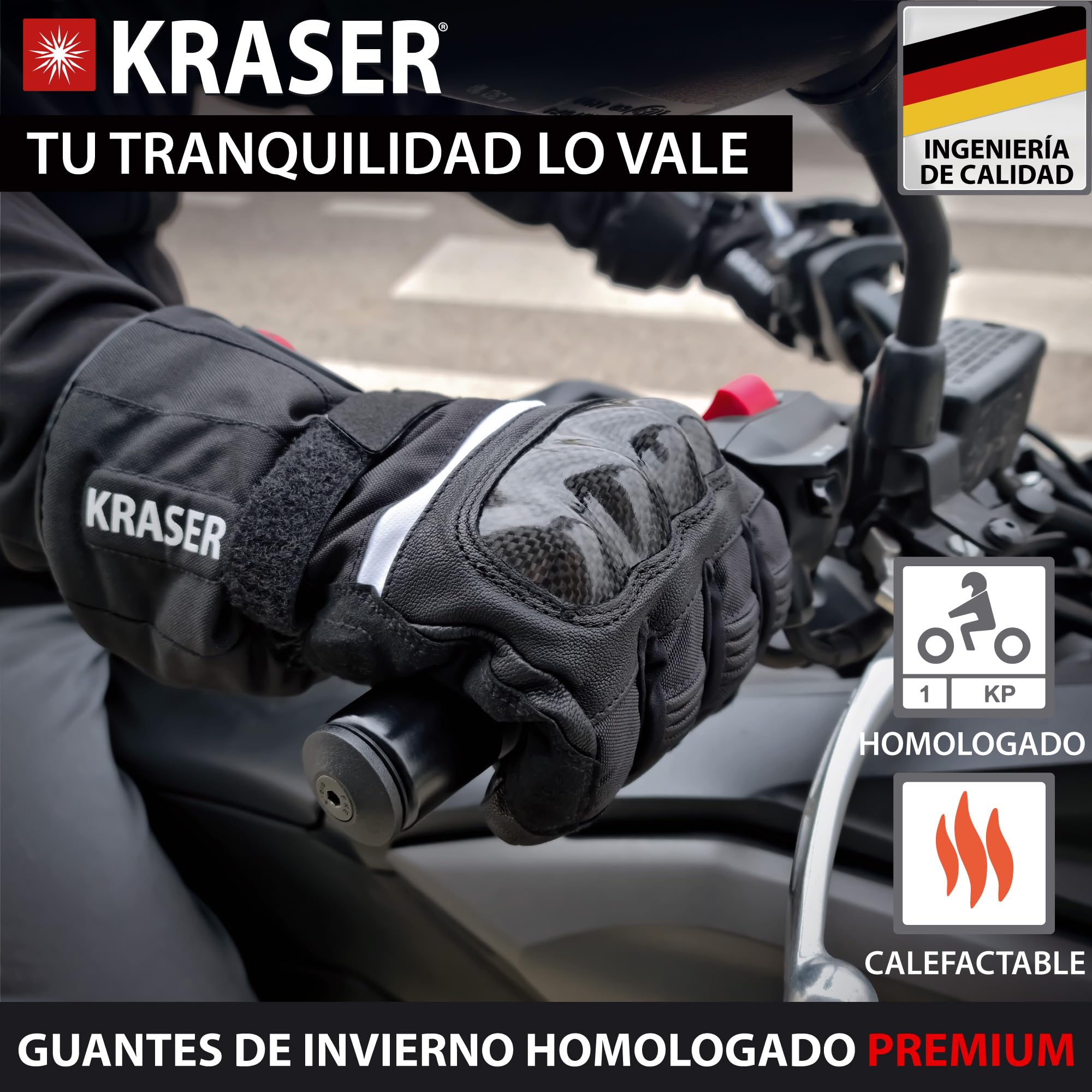 KRASER KRGS28 Guantes de Moto Premium Homologados CE, Calefactables e Impermeables, Testado Extremo y Protección Fibra Carbono, 3 Niveles de Calor para Invierno Hombre y Mujer