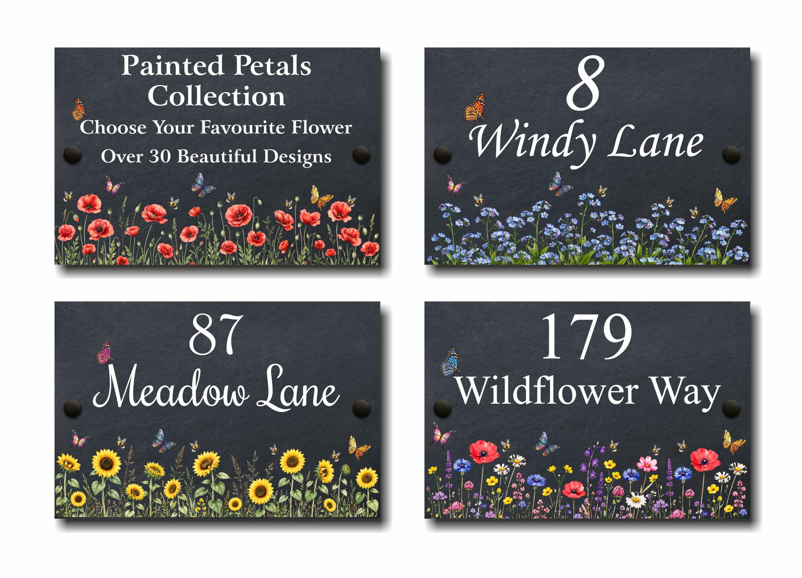 Personalised Slate House Sign Name Number Plaque - Butterflies Bees & Flowers 30cm x 20cm