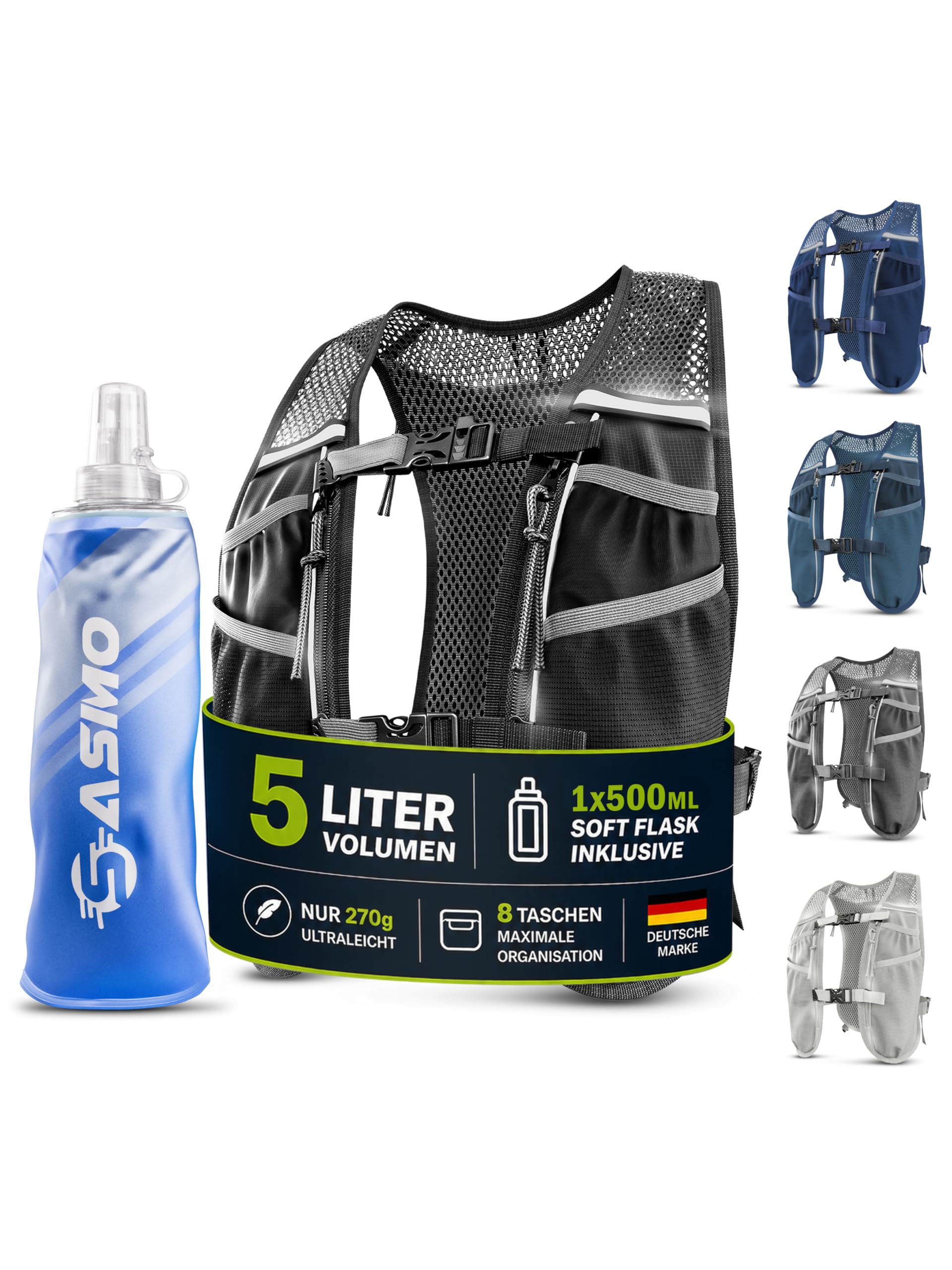 SASMO® Laufweste Damen & Herren 5L / 2L | Running Vest - Ultraleicht & atmungsaktiv| Laufrucksack Damen - 8 Taschen | Laufweste Herren | Trinkweste Laufen