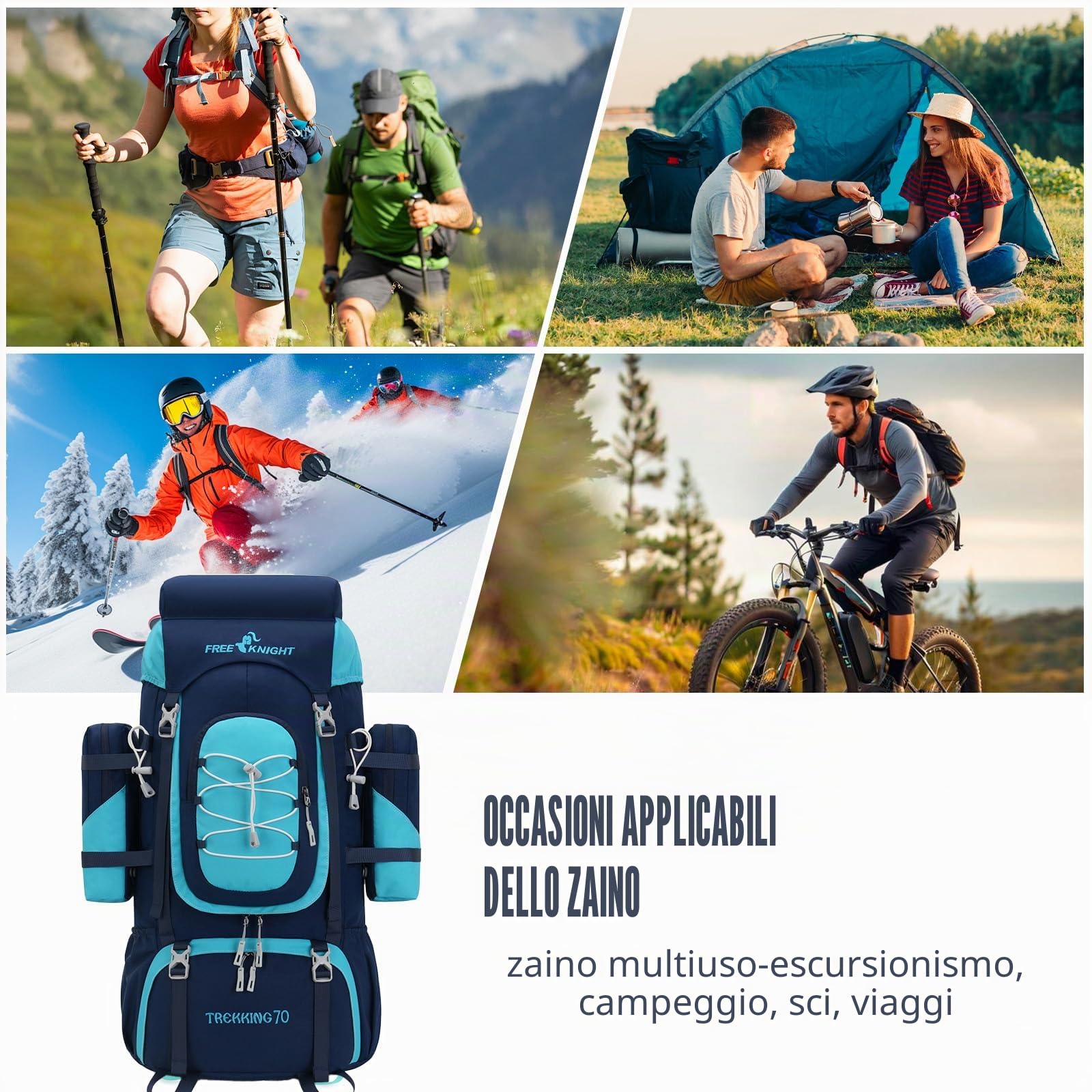 Bseash Zaino da campeggio impermeabile da 70 l (65+5) con copertura antipioggia, zaino da viaggio per sport all'aria aperta per arrampicata Touring