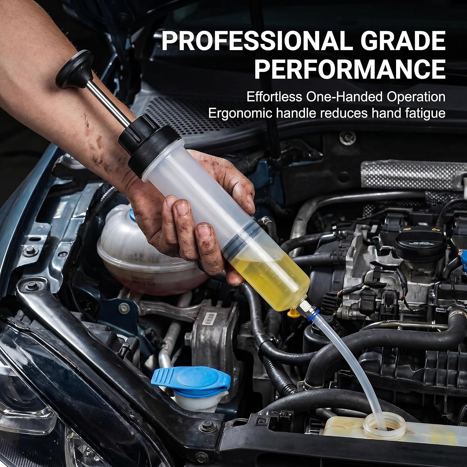 1 PC Manual Fluid Extractor Pump, 200cc Oil Suction Syringe with 2 Hoses, Leak-proof Design for Power Steering Brake Fluid, Universal for Most Cars, Trucks, SUVs (White)