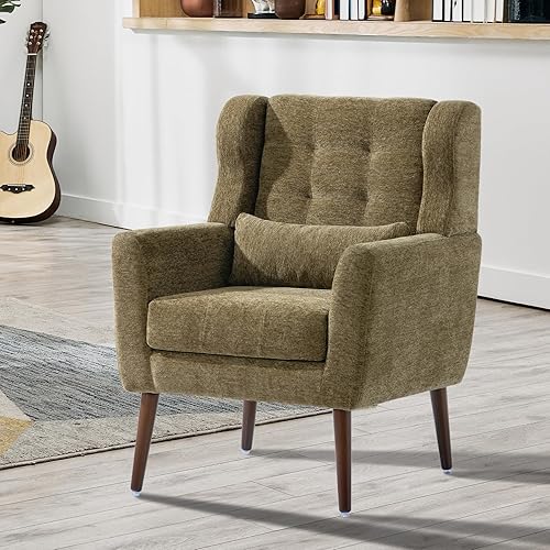 QKFF Silla decorativa moderna, sillón tapizado con almohada, sofá individual de tela con asiento de salón y patas de madera, silla decorativa para