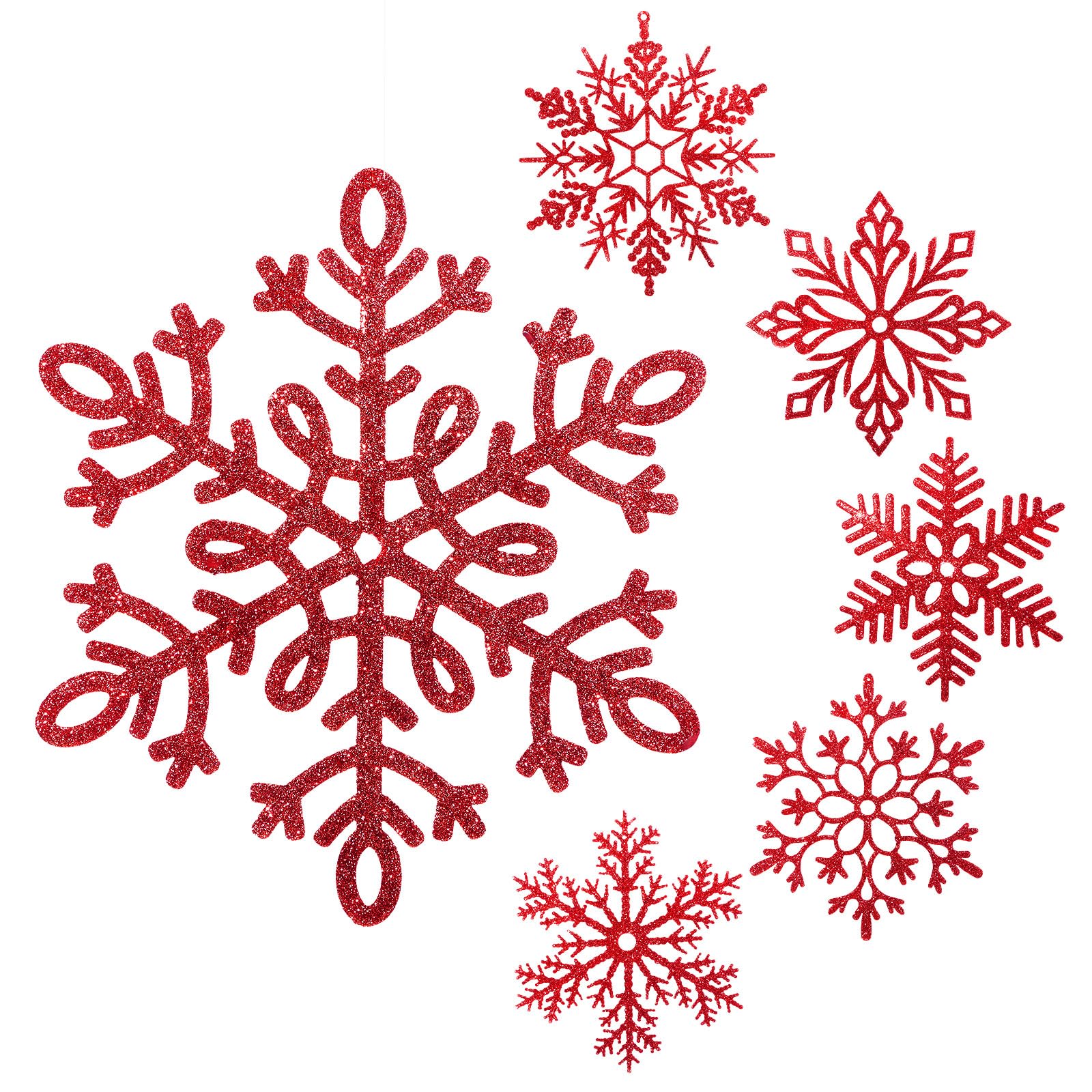 Lot de 24 flocons de neige géants à paillettes en plastique avec fil en nylon de 50 m pour décoration intérieure, extérieure et de Noël (rouge)