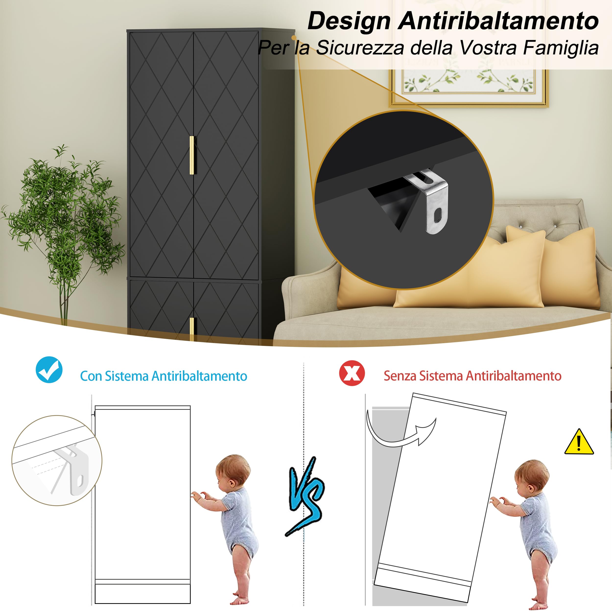 UEV Credenza Cucina Alta 150CM Design Diamante, Armadietto Highboard con 4 Ante, Grande Spazio di Archiviazione, Armadio Buffet Cucina Sicuro con Design Antiribaltamente, 60 x 30 x 150 cm, Nero