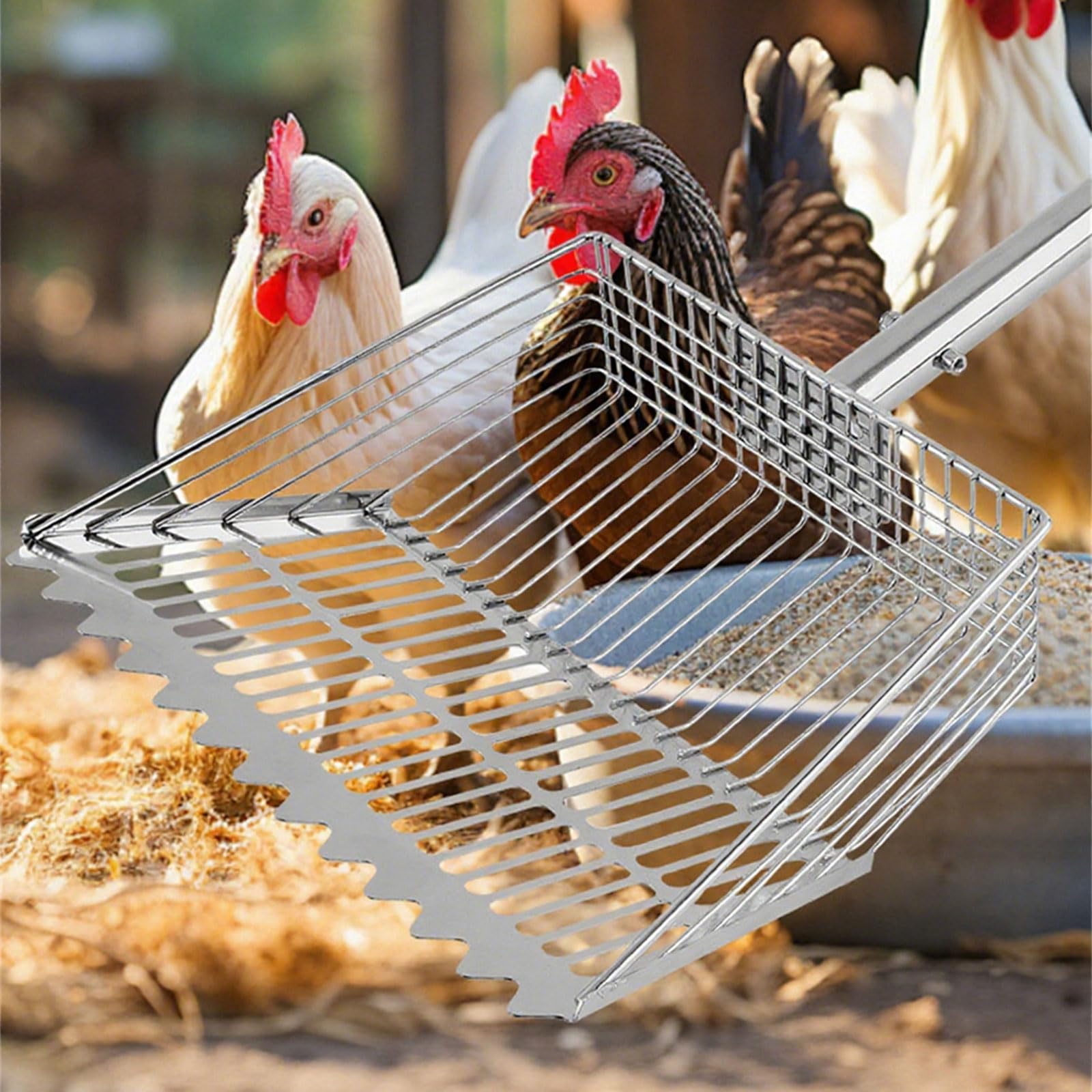 Pala para gallineros con mango largo de 4 secciones de acero inoxidable para aves de corral, gatos, limpieza de arena, pala esencial para tamizar pollos