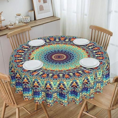 Miniatura 3 de Mantel redondo bohemio con diseño de mandala, de poliéster, impermeable, sin arrugas, para el hogar, cocina, comedor, fiesta, patio, uso interior y