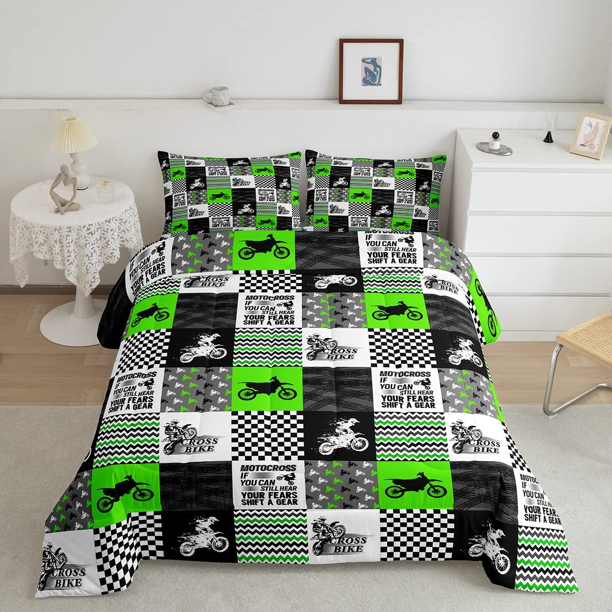 Erosebridal Boys Motorcycle Comforter Set Boys King Size Bedding Set Dirt Bike, for Kids Teens Girls Extreme Sport Theme Bedroom Decor, Motorbike Rider Quilt Geometry Patchwork Decor Duvet Cover