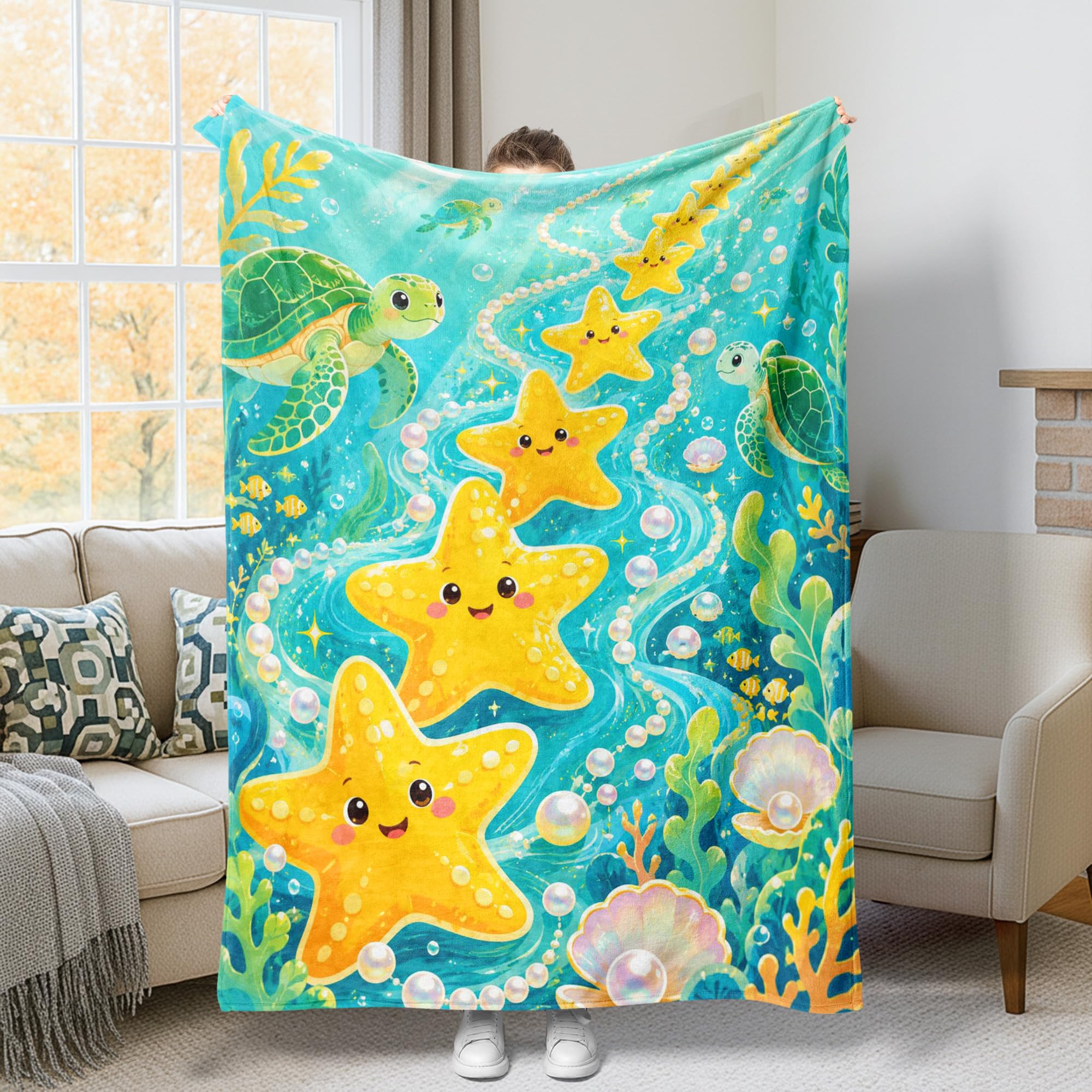Manta de franela de estrella de mar de 60x80 pulgadas y tortuga de verano para cama y sofá