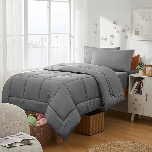 Dorm Room Essentials - Juego de edredón de 5 piezas tamaño individual en una bolsa para estudiantes universitarios, niños y niñas, individual, gris