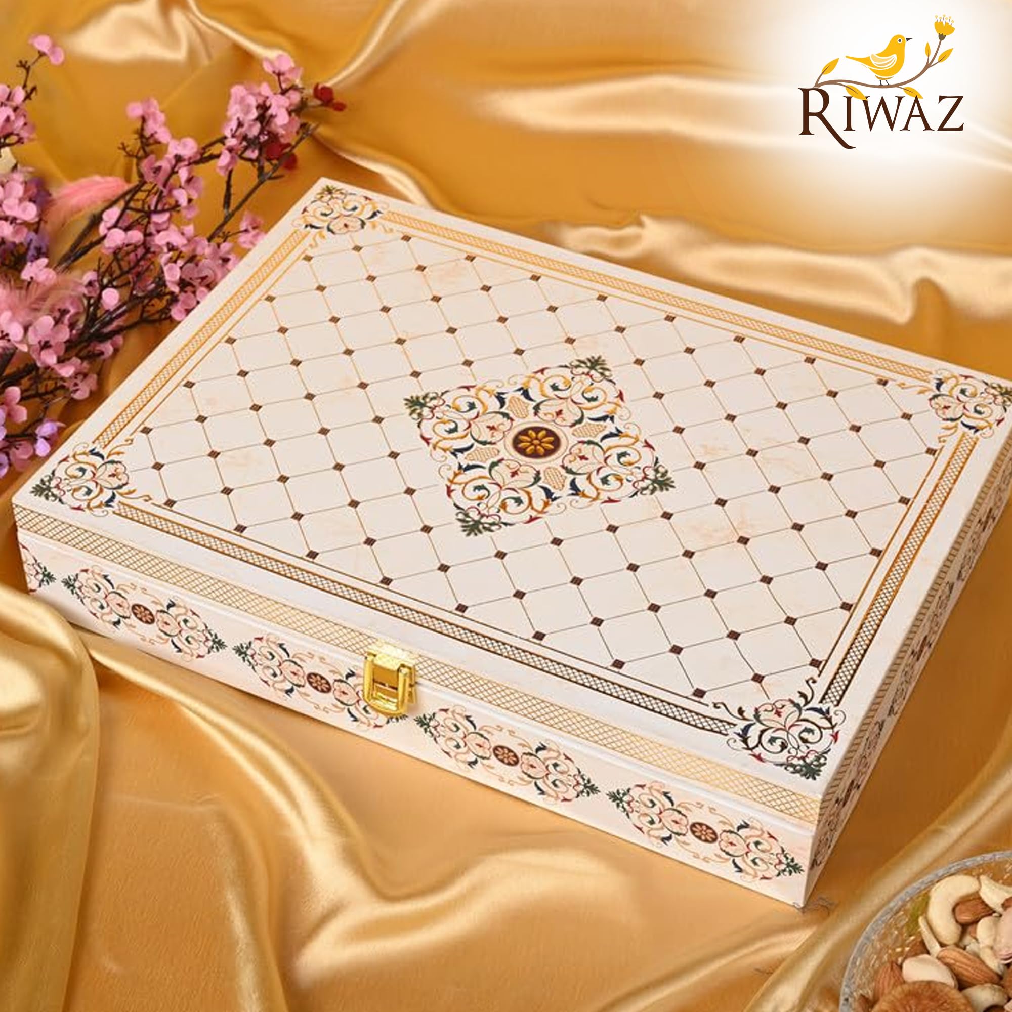 Riwaz Luxury White Flower Giftbox,filled Almonds, Cashew, Pistachio, Walnuts, Raisins & Khumani|6 airtight Jars |A Thoughtful Present for Corporates, Wedding & Festival Gifting 1