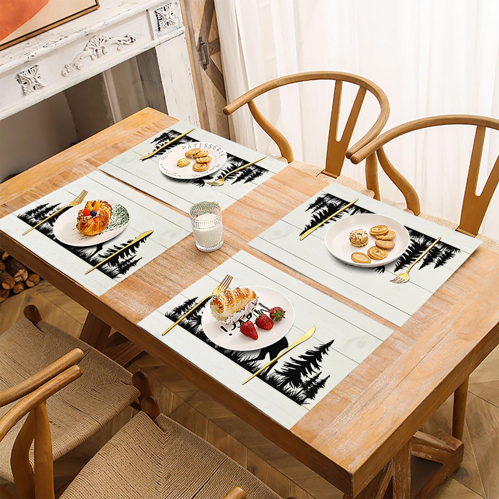 Set di 8 Colazione Stoffa 30x45cm, Retro Venature Del Legno Cotone e lino Tovagliette Americane Lavabili, Tovagliette Alce per Primavera Vacanze Cucina Feste, Pasqua