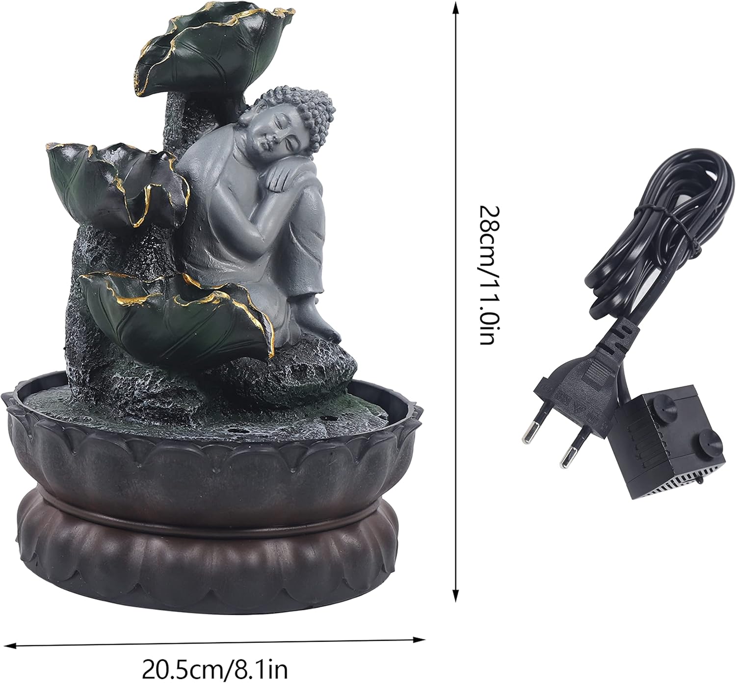 11Inch Small Tabletop Water Fountain with Buddha Statue, LED Lights, Indoor/Outdoor Decorative Waterfall Feature, Bonsai Ornament, Desktop Office Home Garden Decor