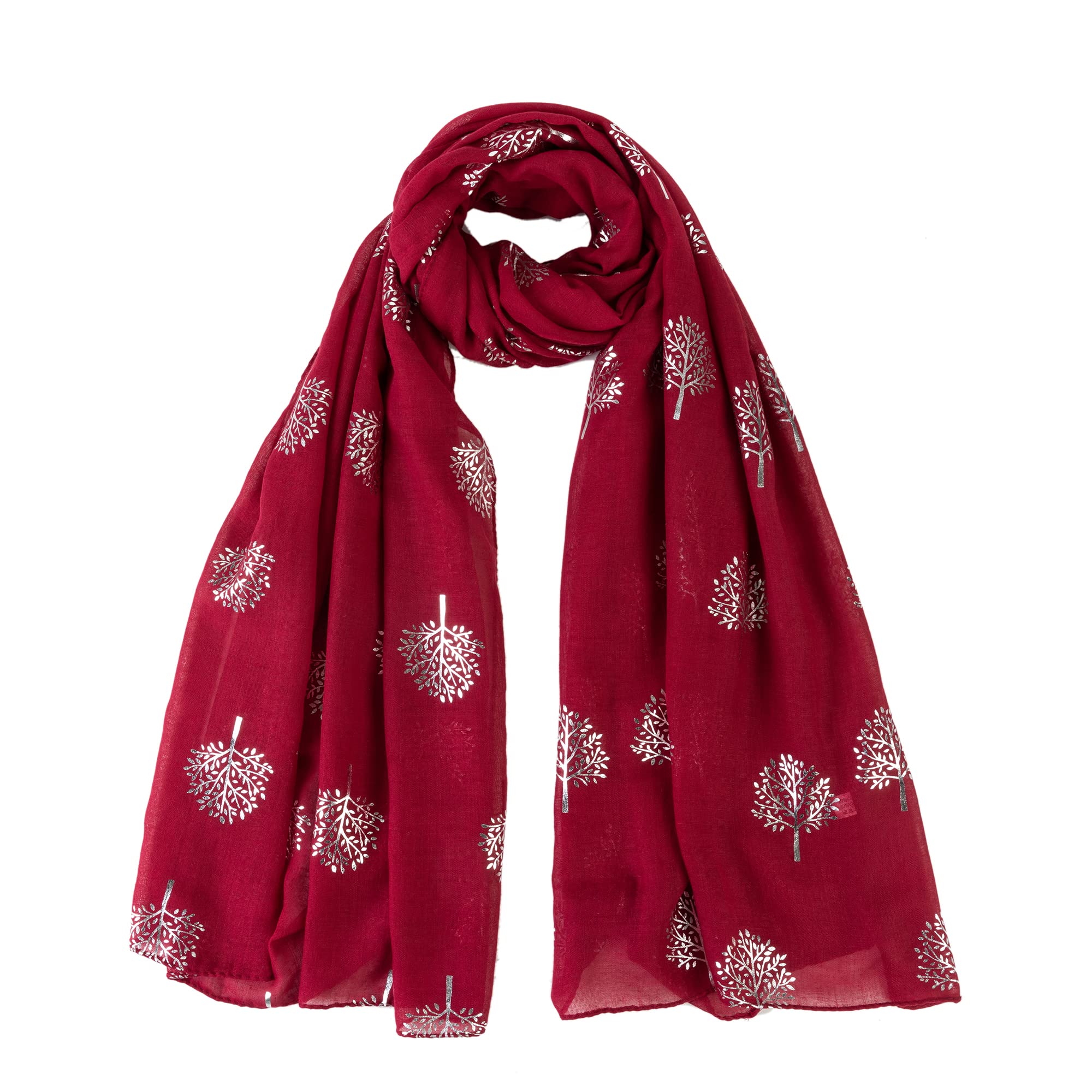 London Scarfs Women's Maroon Glitter Mulberry Trees Scarf Foil Printed Tree Fashion Wrap (Maroon)