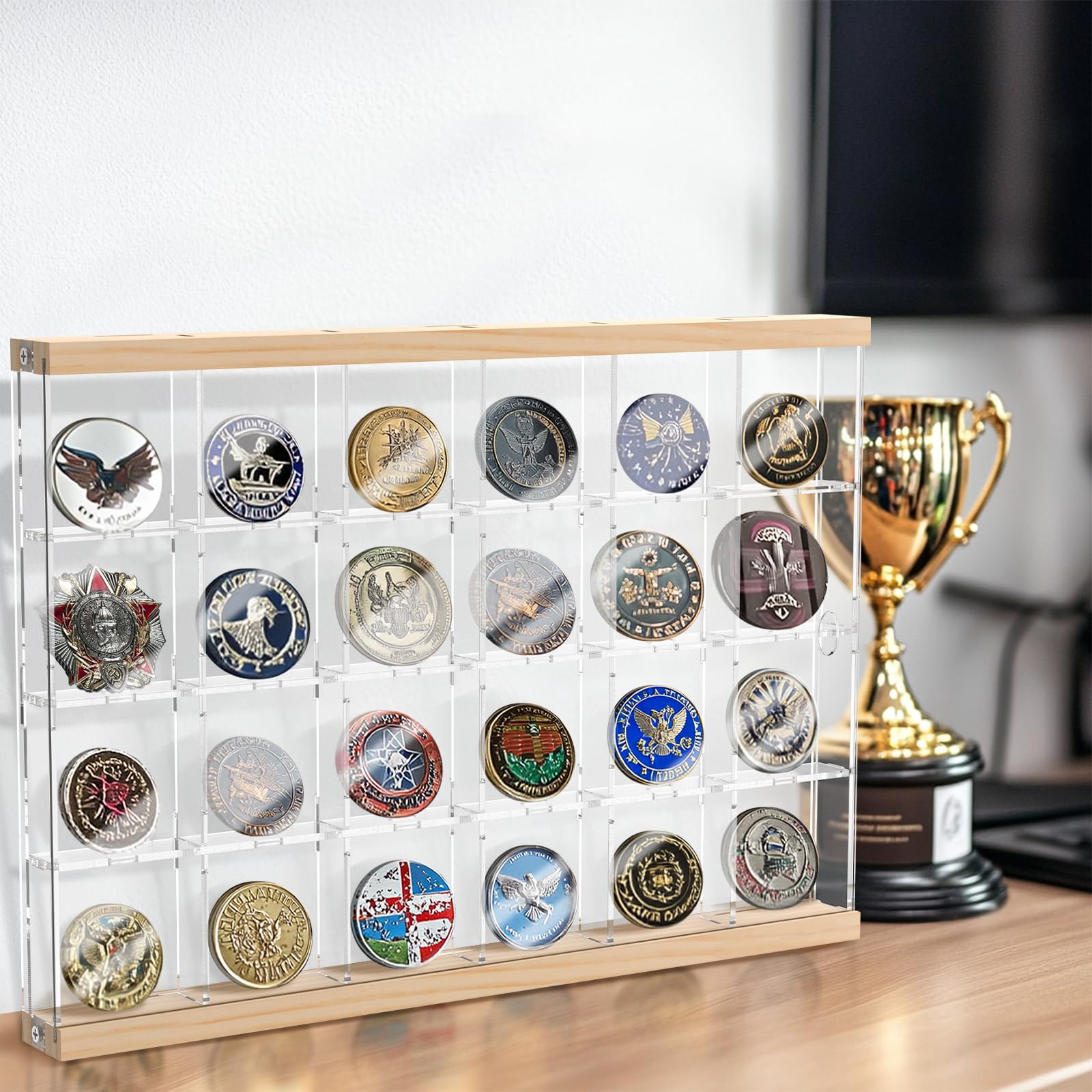 Challenge Coin Display Case 16 /24 Compartments Acrylic Military Challenge Coin Holder Versatile Pin Display Case for Collectors(24 grid)