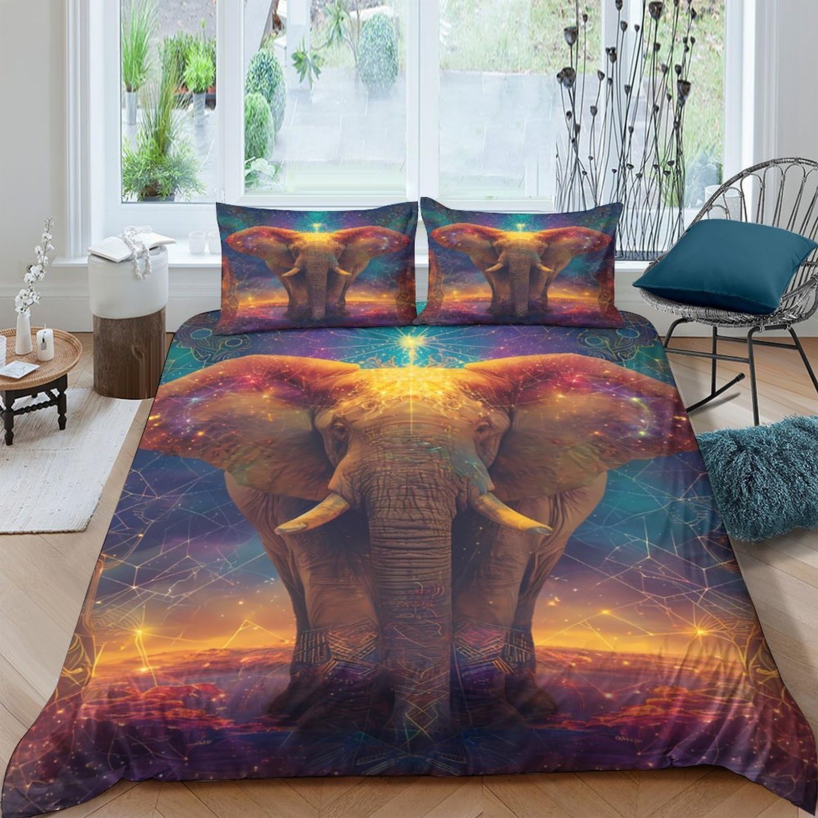 TUFRTGYHN 3D Printed Elephant Sunset Duvet Cover Microfiber Soft Breathable Jungle Landscape Bedding Set with 2 Pillowcases for Bedroom Decor Single（135x200cm）