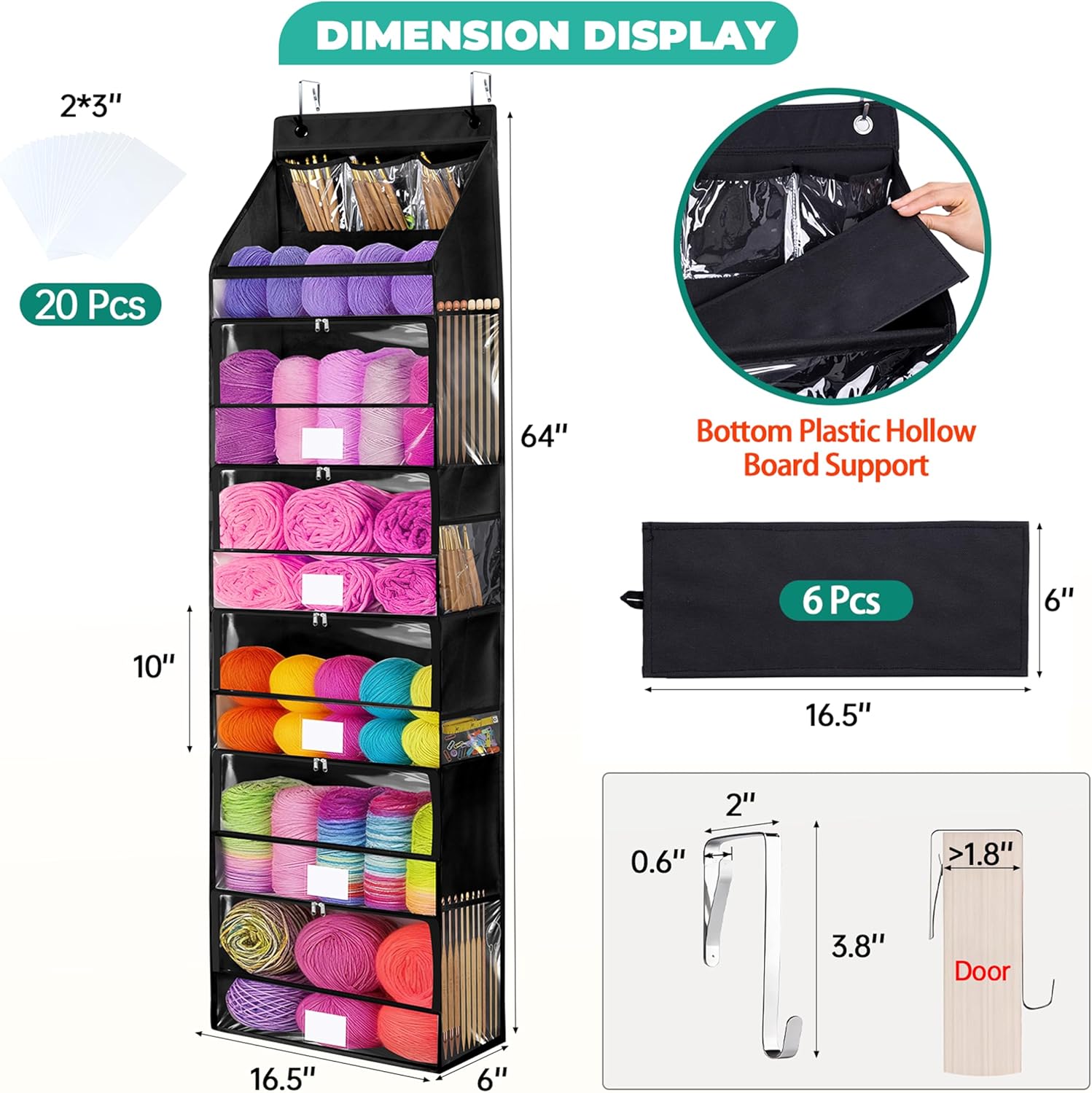 Hanging Yarn Storage Organizer with 6 Zipper Compartments with Labels and 8 Side Pockets, Large Capacity Crochet Yarn Organizer and Knitting Storage for Over The Door (Black)