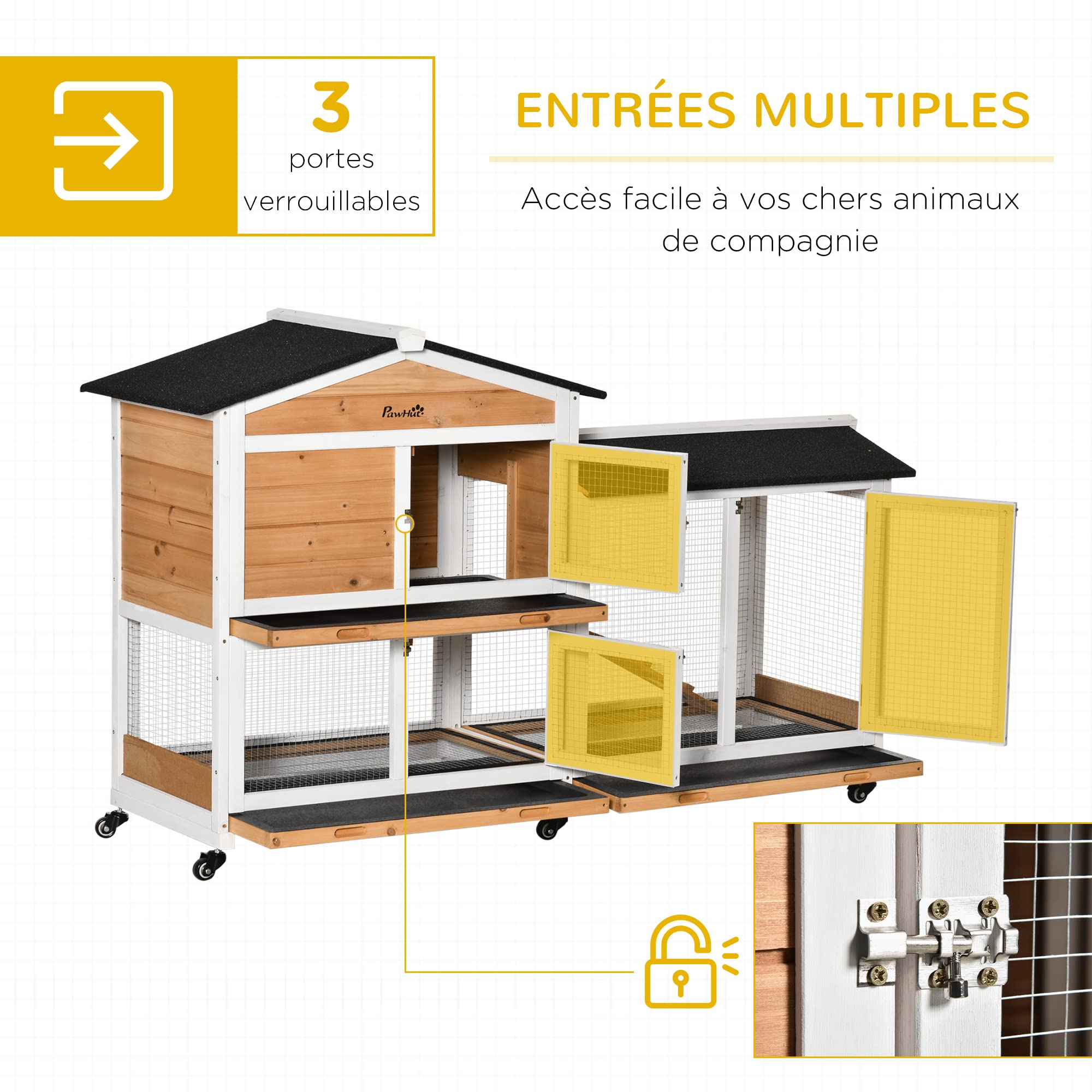 PawHut Clapier Bois pour Lapins Petit enclos Animaux Villa pour Lapin sur roulettes 2 étages 3 Plateaux coulissants 157,4 x 53 x 99,5 cm Jaune