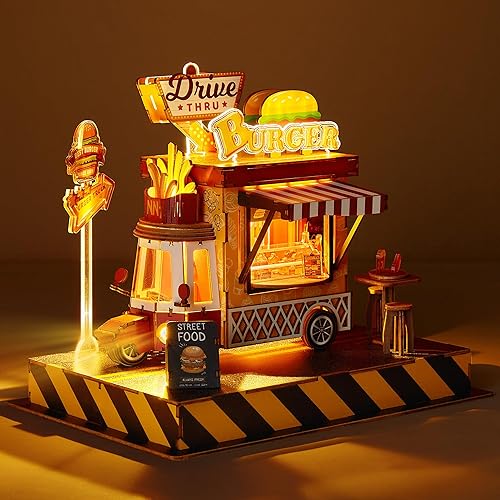3D Wood Puzzle Burger Truck Model - DIY Miniature Food Truck Dollhouse Vehicle Craft Kit with LED Lights - Perfect Creative Gift for Kids and Adults(Burger Truck)