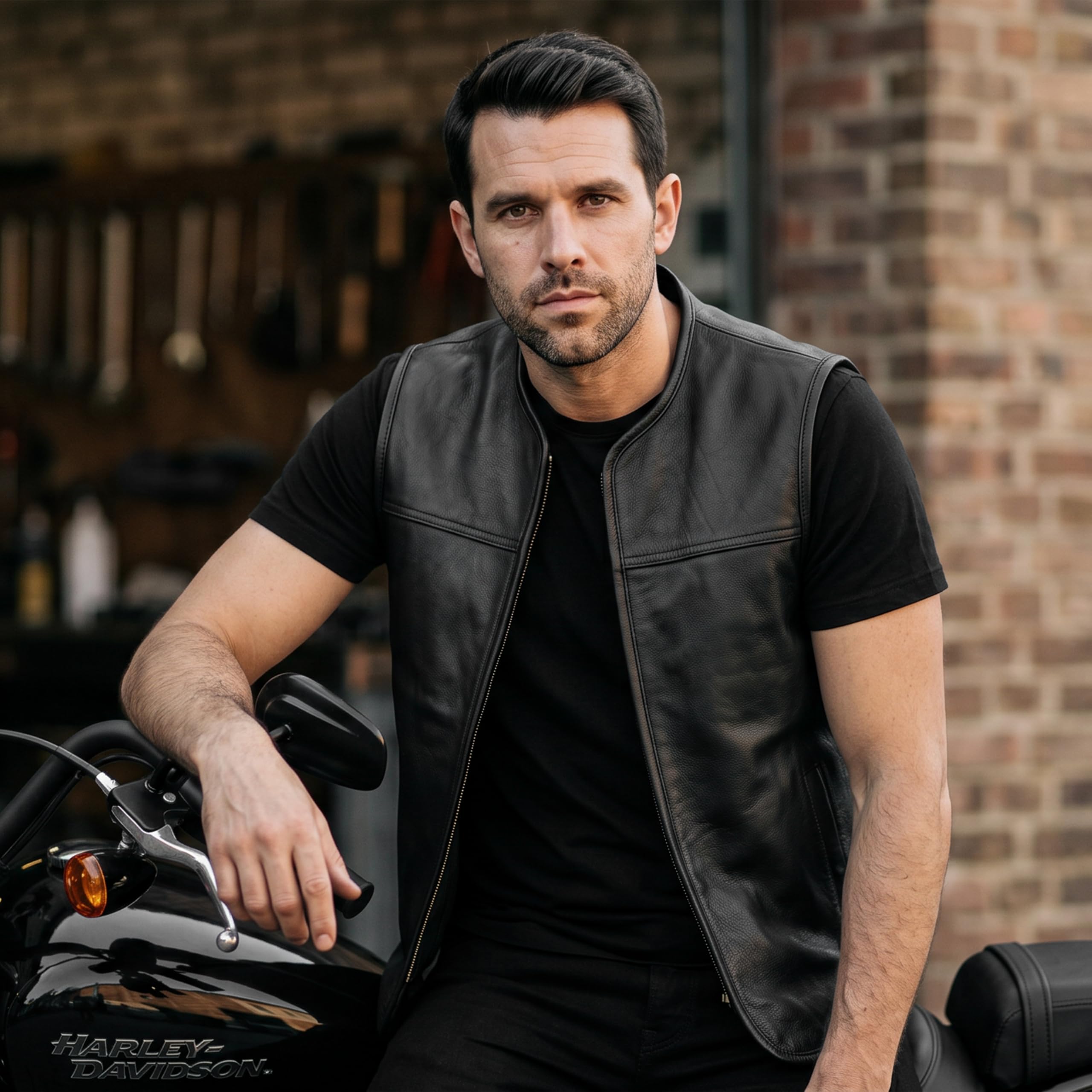 Leatherick Gilet da motociclista in vera pelle di vacchetta da uomo - Gilet da motociclista classico con cerniera frontale