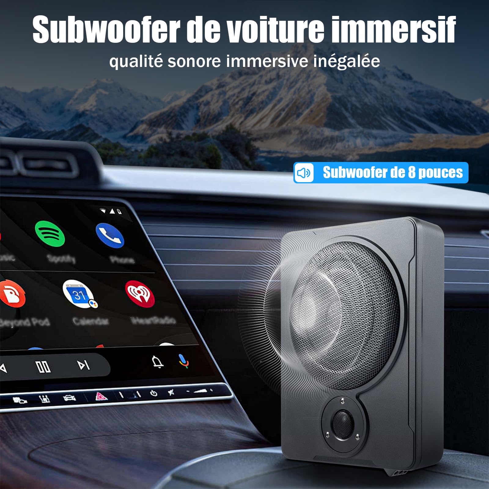 Subwoofer samochodowy 300 W, z 5 pasujących kabli przyłączeniowych, 31,5 x 24 x 7,5 cm, aktywny subwoofer do montażu w różnych modelach pojazdów, takich jak samochody osobowe, ciężarowe lub