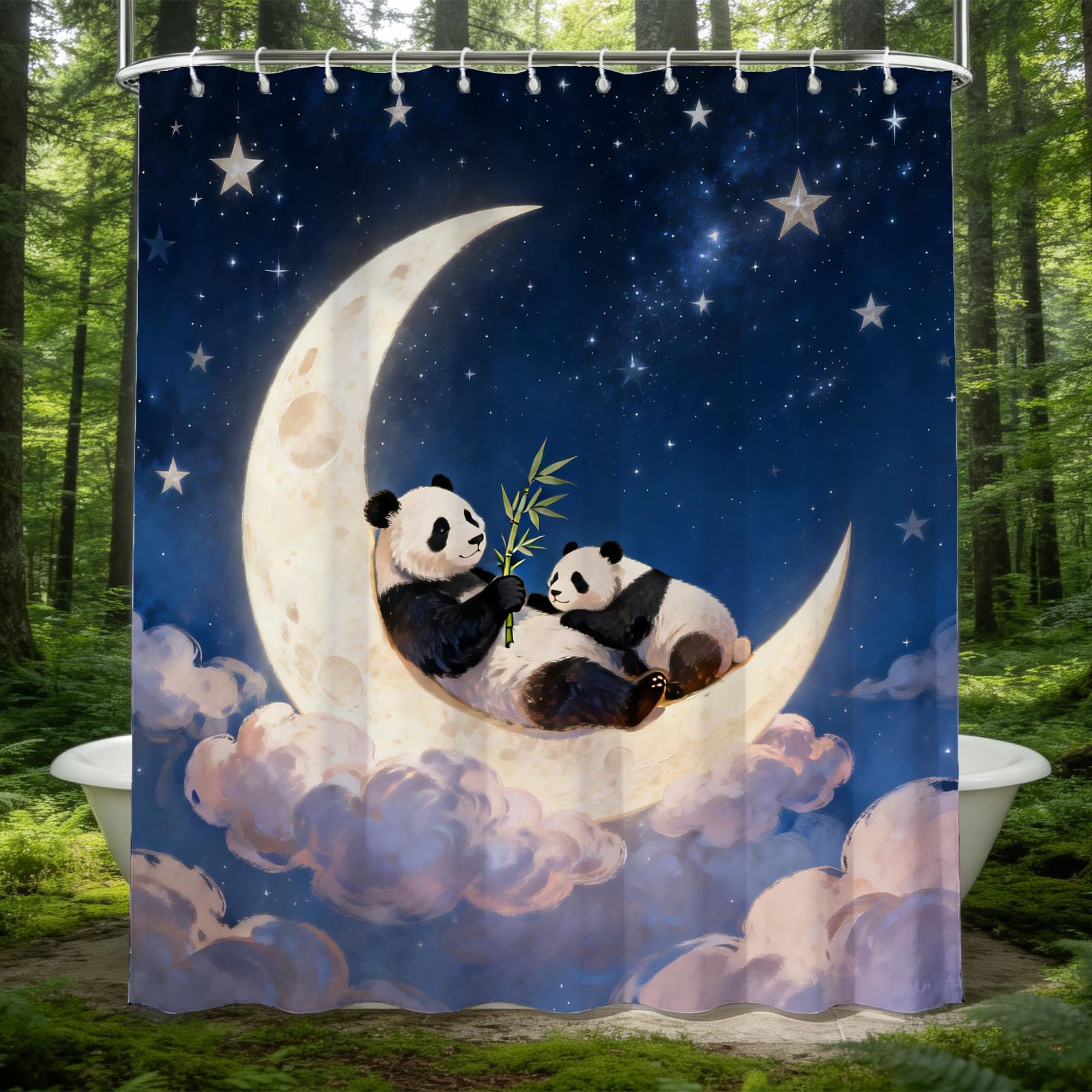 Hongduo 3D Panda and Moon Shower Curtain for Stalls Bathtubs Moon Bathroom Decor Shower Curtain Set Polyester Fabric Waterproof 180x200cm/71X79 Inch with Hooks