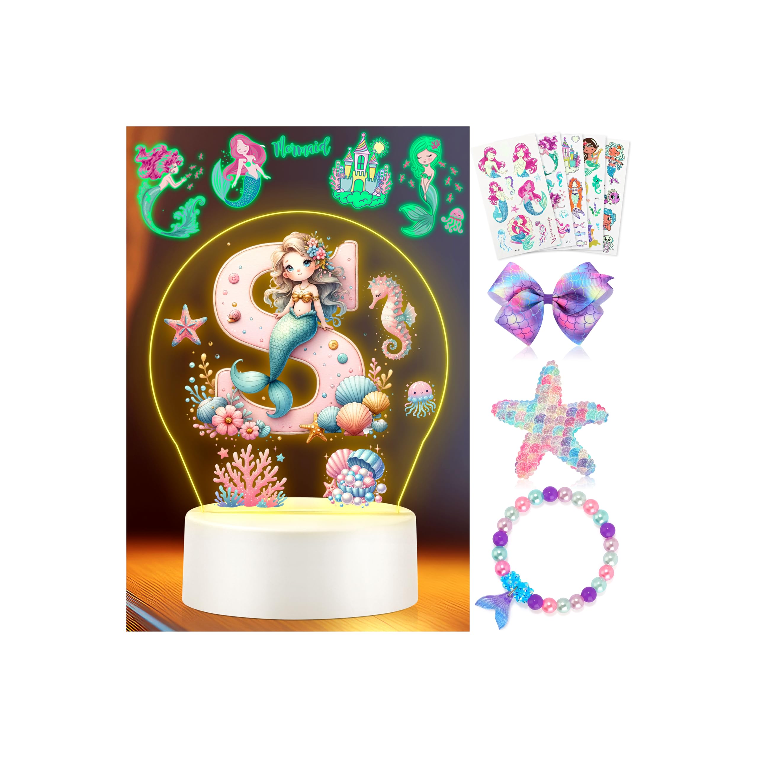 Mermaid Toy for for 4 5 6 7 8 Year Old Girl, Christmas Birthday Gifts for Girls Little Mermaid Accessories Mermaid Night Light Costume for Girls Toddler Initial S